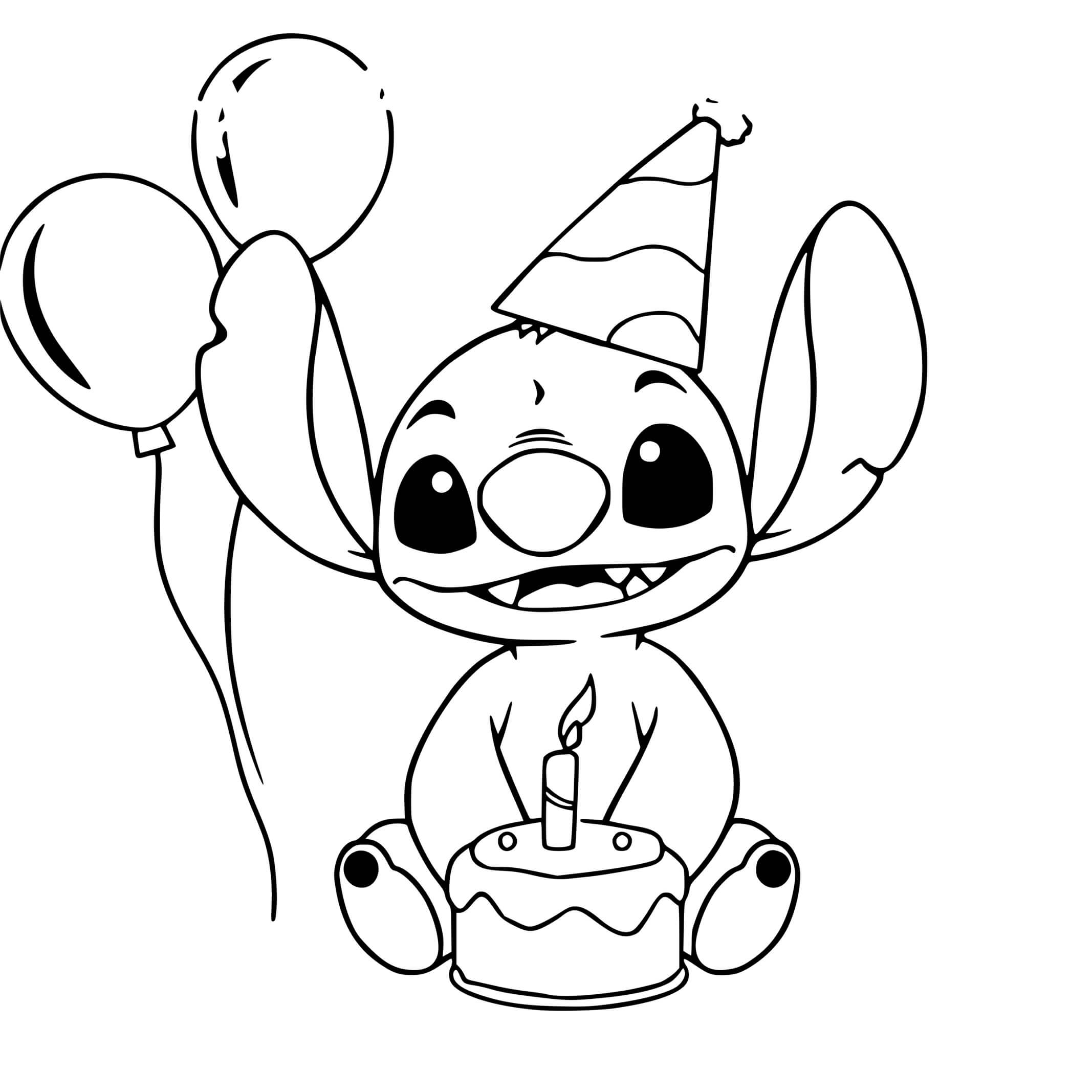 Coloriage Stitch Fête Anniversaire Balloon Gâteau - Stitch anniversaire à imprimer