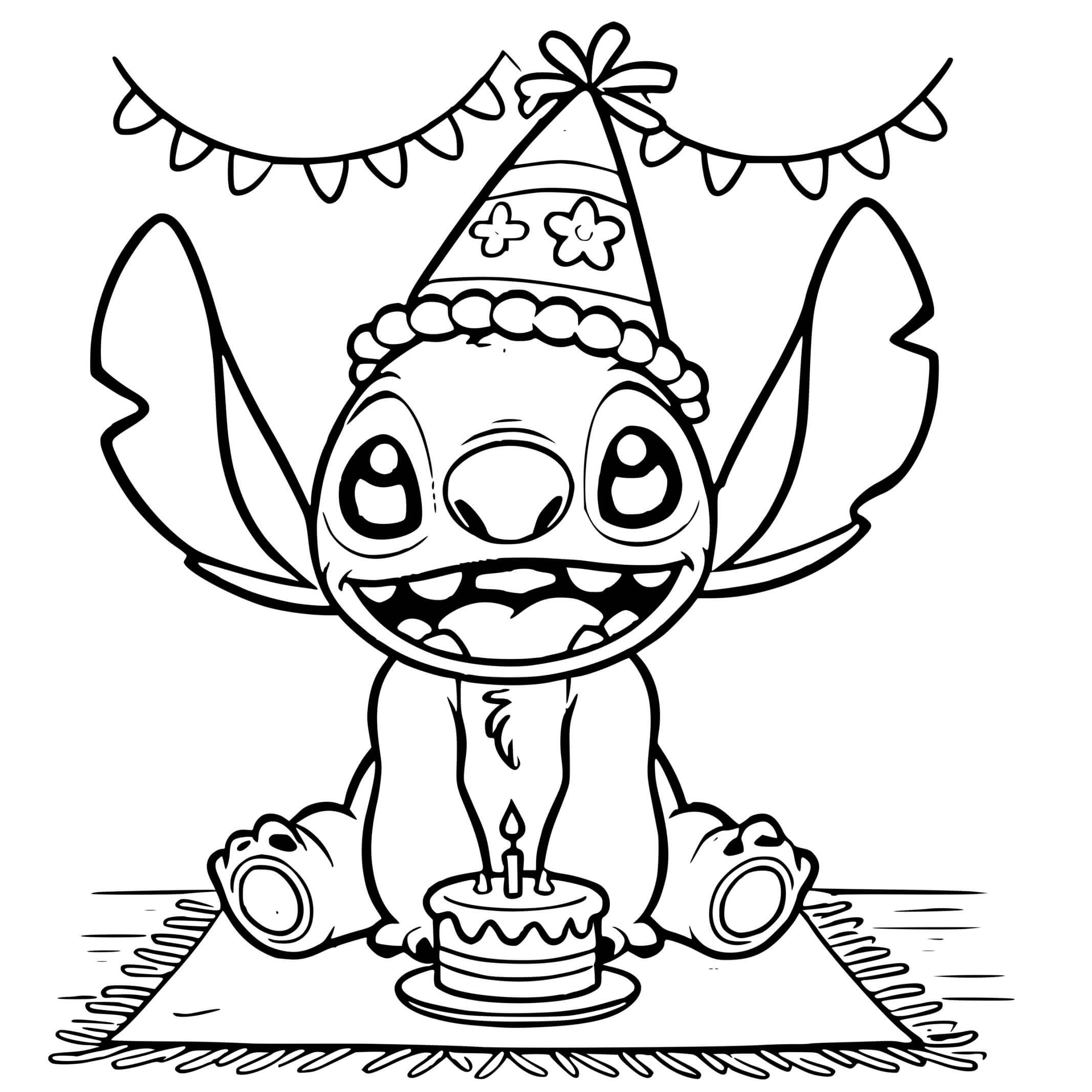 Coloriage Stitch Fête Anniversaire Chapeau Gâteau - Stitch anniversaire à imprimer
