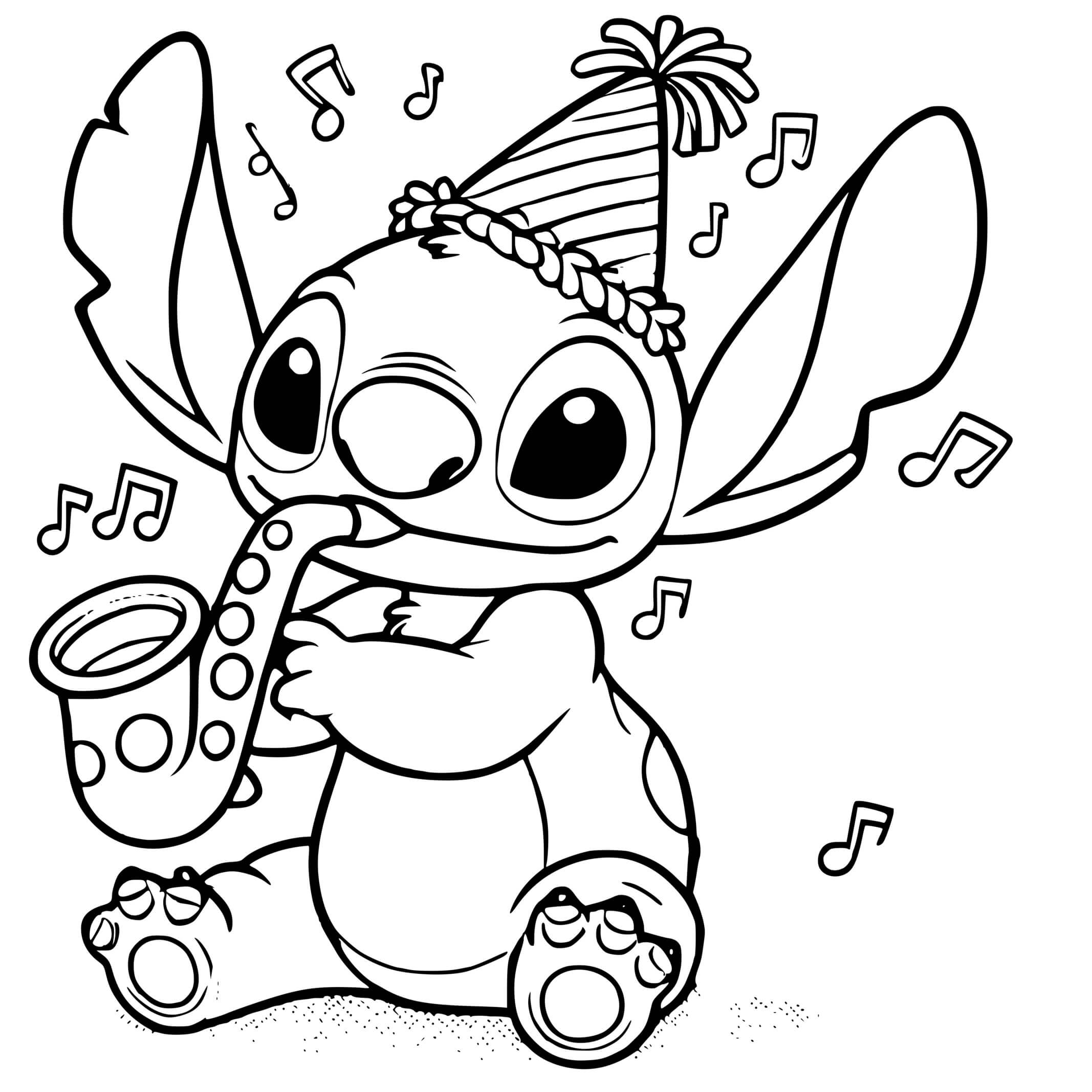 Coloriage Stitch Fête Musique Saxophone - Stitch anniversaire à imprimer
