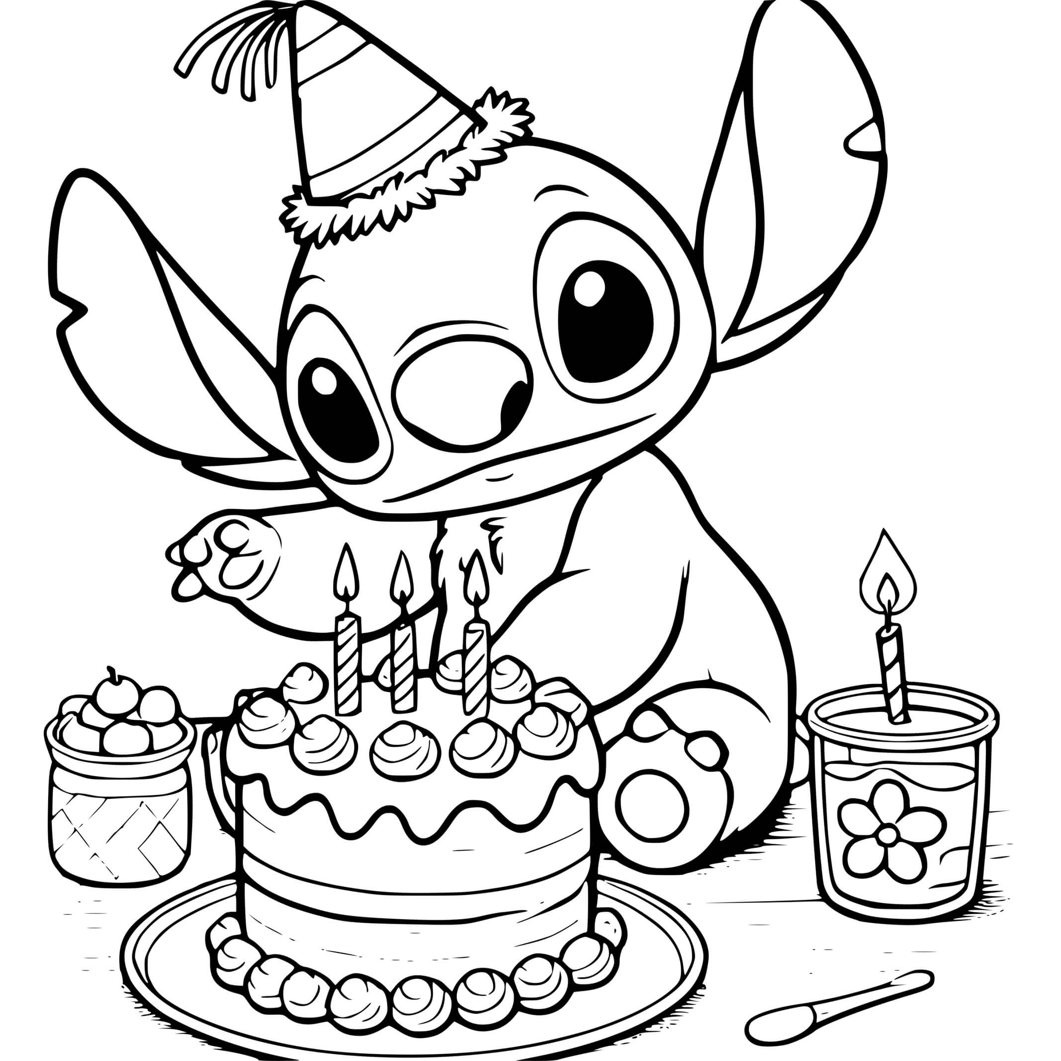 Coloriage Stitch en fête d'anniversaire avec ballons - Stitch anniversaire à imprimer