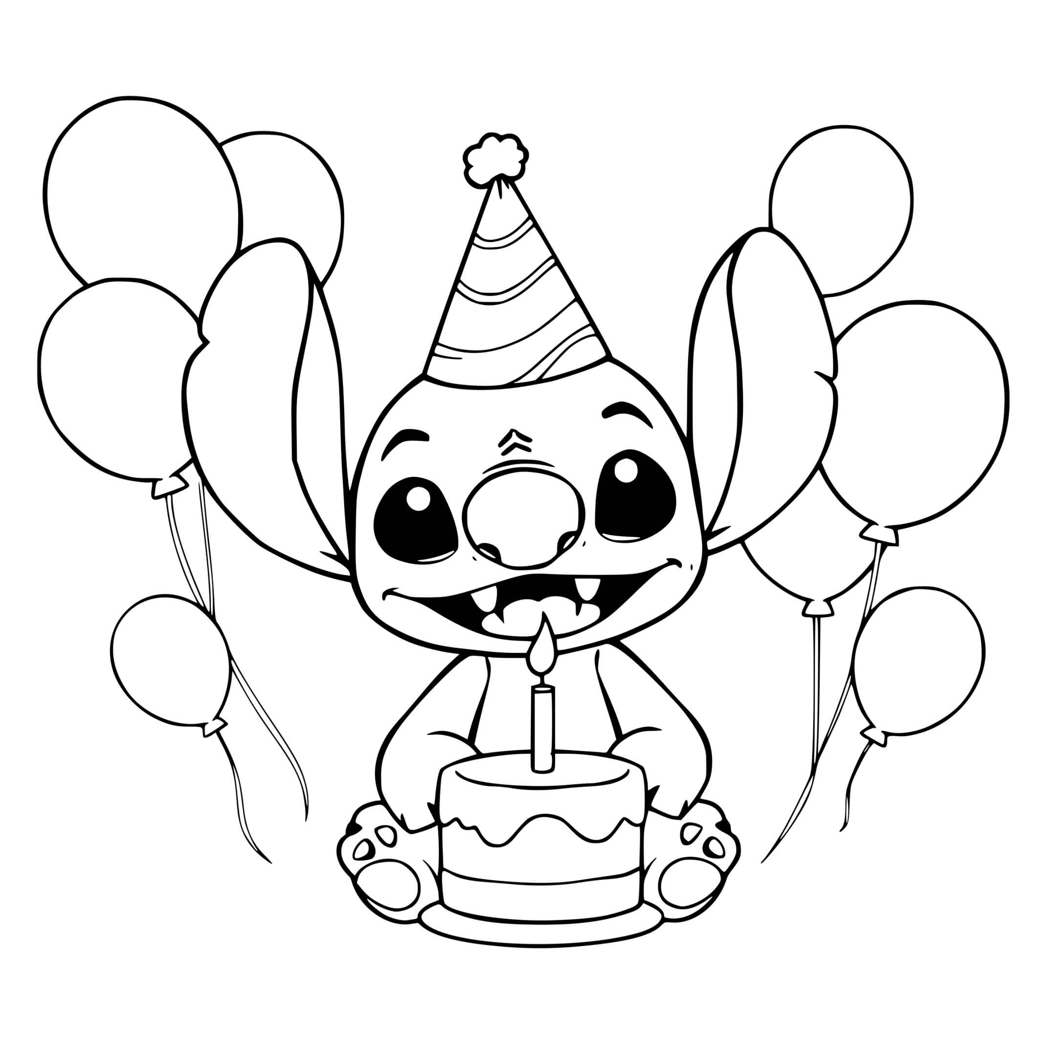 Coloriage Stitch Fête Son Anniversaire Avec Des Ballons Et Un Gâteau - Stitch anniversaire à imprimer