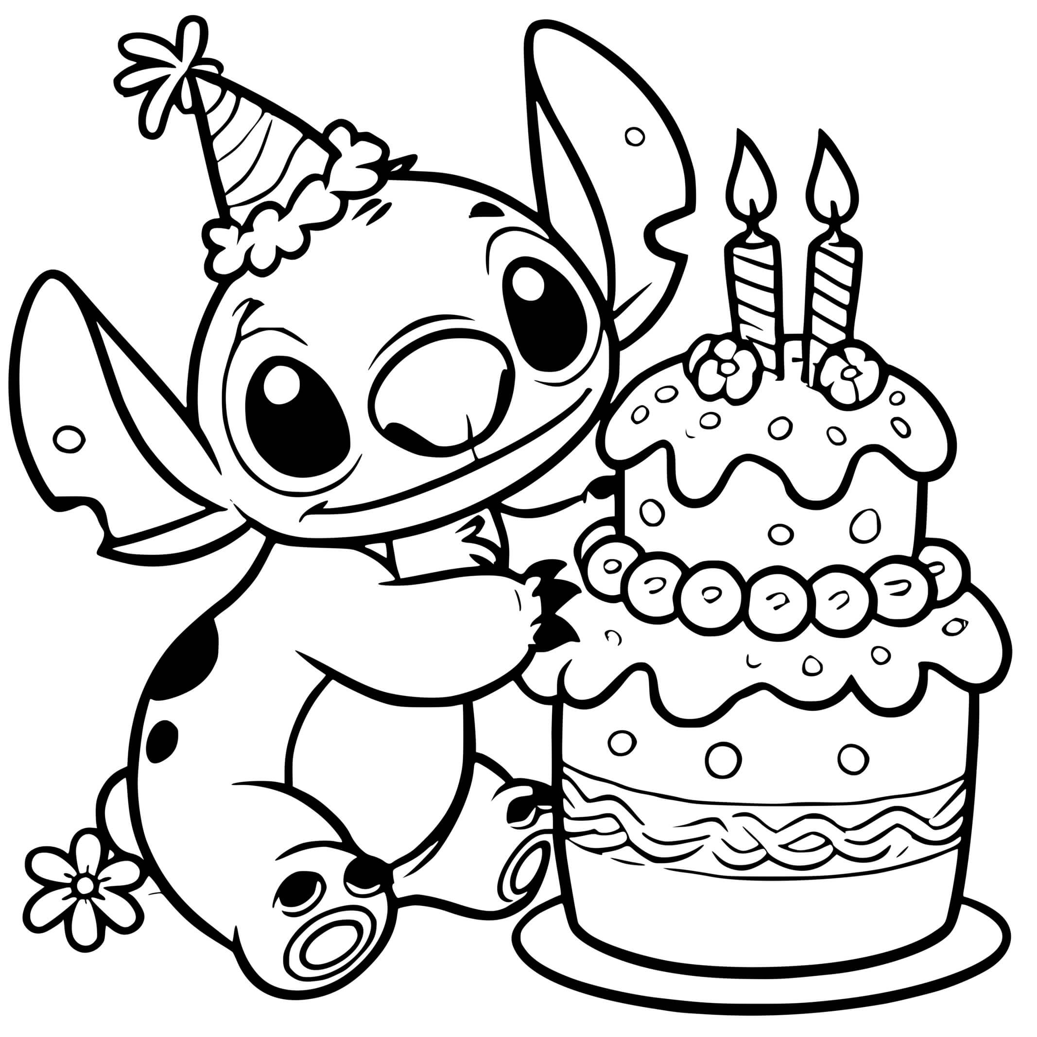Coloriage Stitch Fête Son Anniversaire Avec Gâteau - Stitch anniversaire à imprimer