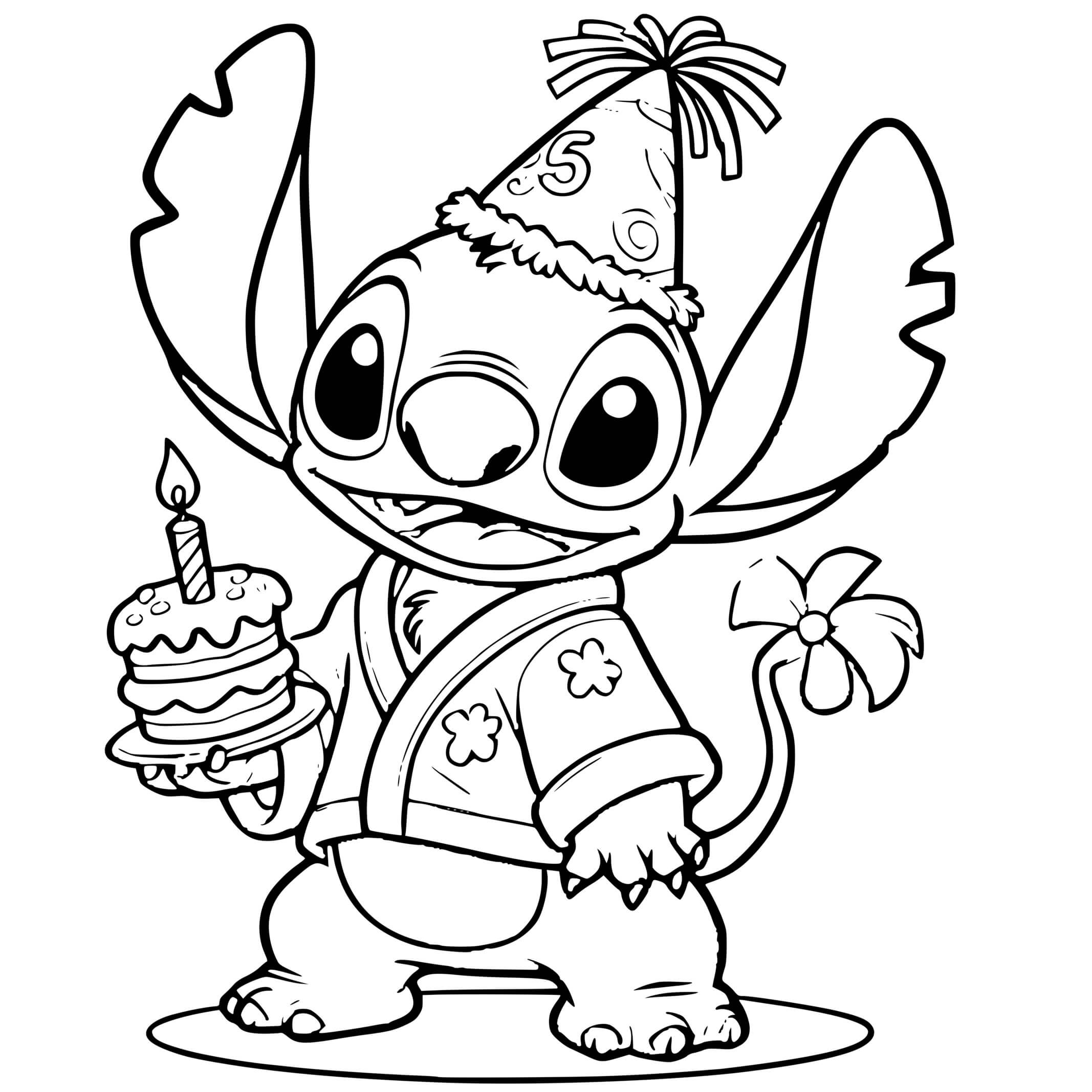 Coloriage Stitch Fête Son Anniversaire Avec Un Gâteau - Stitch anniversaire à imprimer