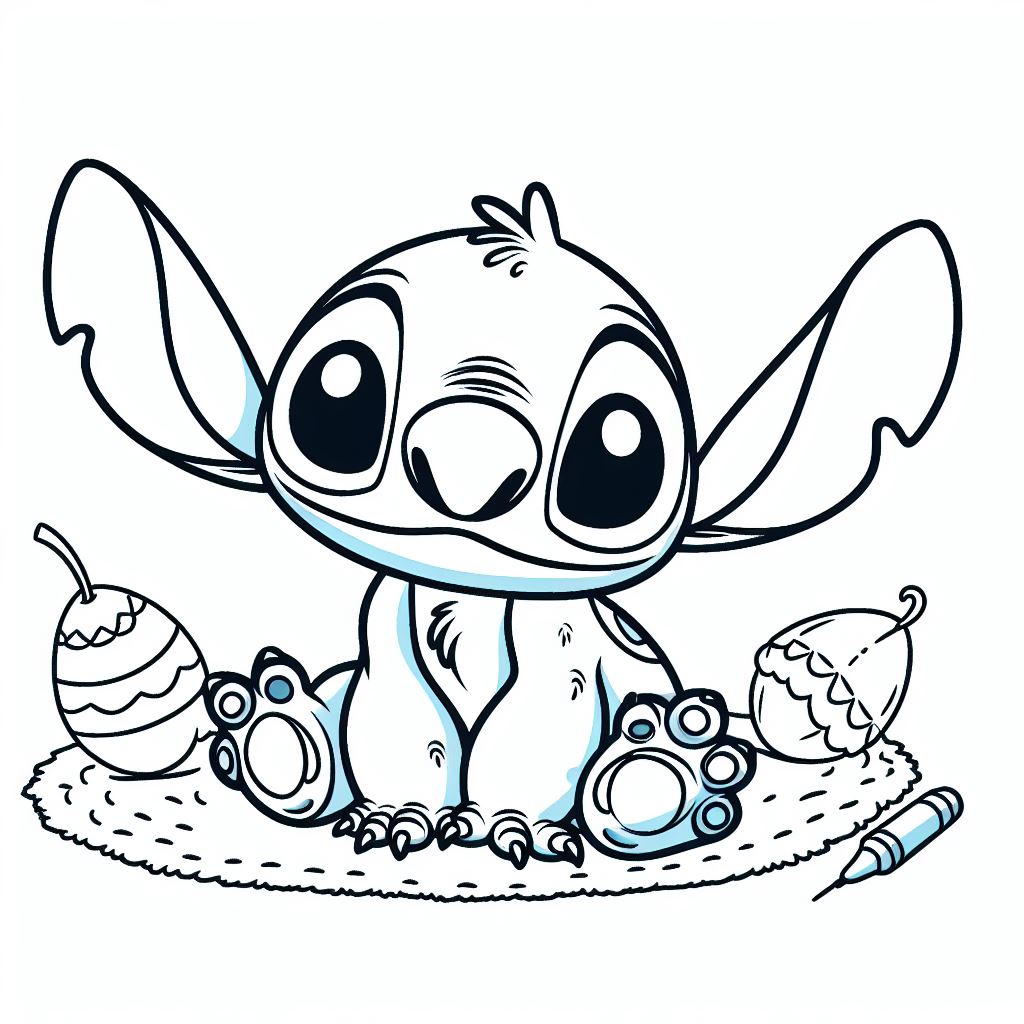 Coloriage Stitch Jouant Avec Des Jouets Sur Une Couverture - Stitch facile à imprimer