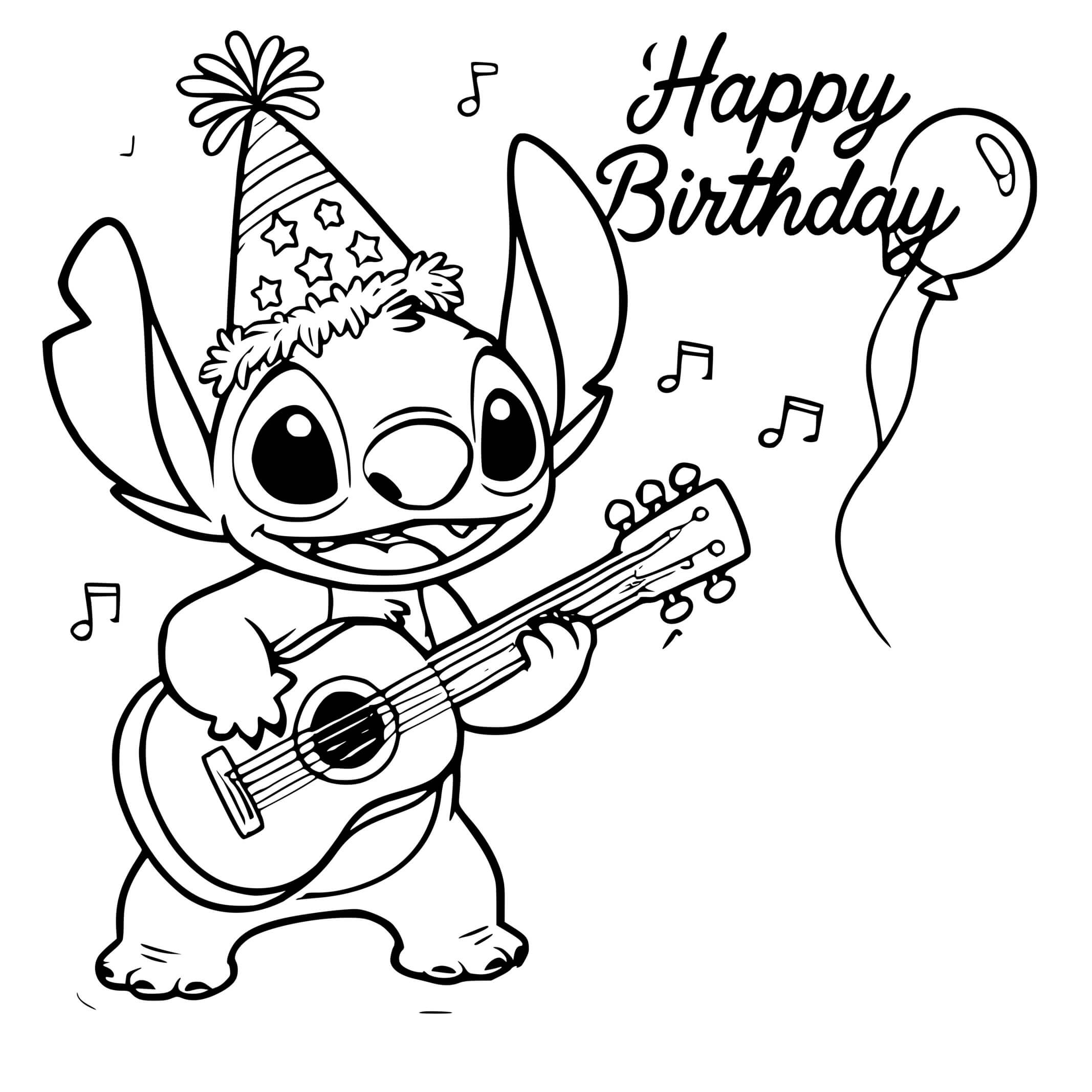 Coloriage Stitch Jouant De La Guitare Pour Un Anniversaire - Stitch anniversaire à imprimer