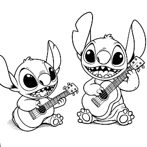 Coloriage Stitch Jouant Du Ukulele En Double Exemplaire - Stitch facile à imprimer