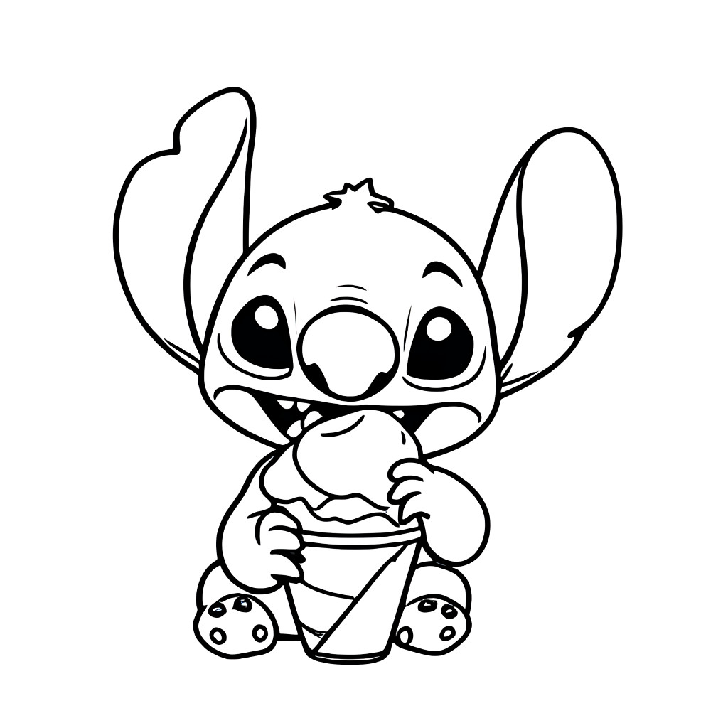 Coloriage Stitch savourant une glace gourmande - Stitch mignon à imprimer