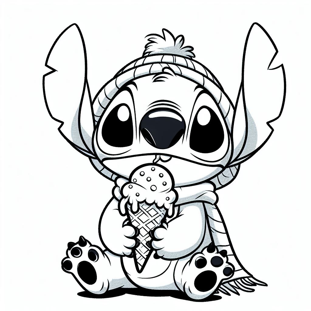 Coloriage Stitch Mignon En Hiver Avec Glace - Stitch mignon à imprimer