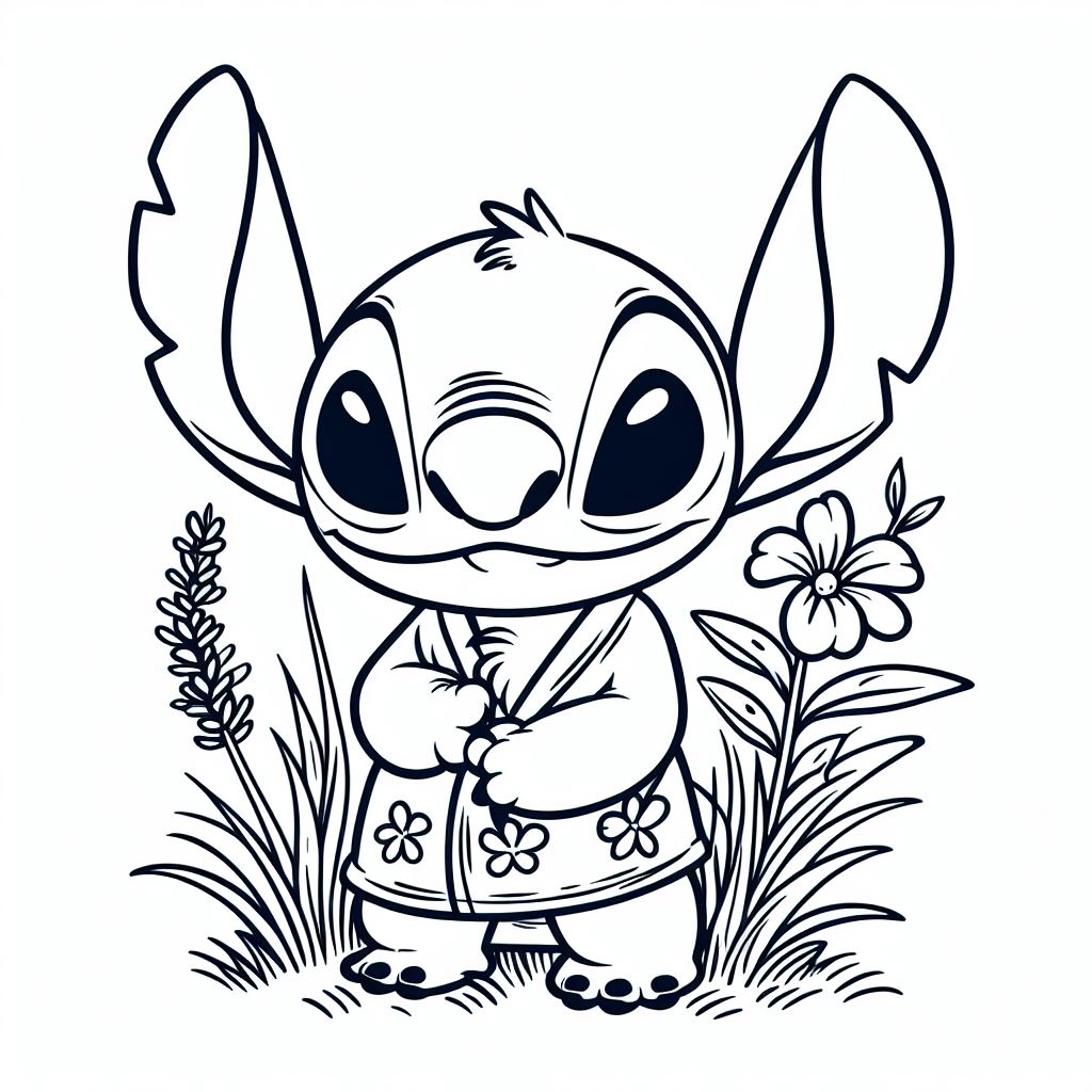 Coloriage Stitch Mignon En Kimono Avec Des Fleurs - Stitch mignon à imprimer