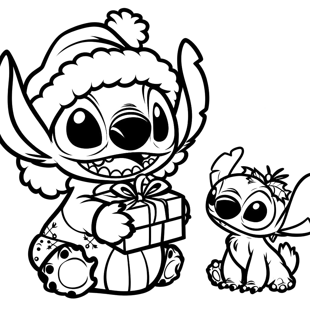 Coloriage Stitch Mignon Et Angel Avec Cadeau De Noël - Stitch mignon à imprimer