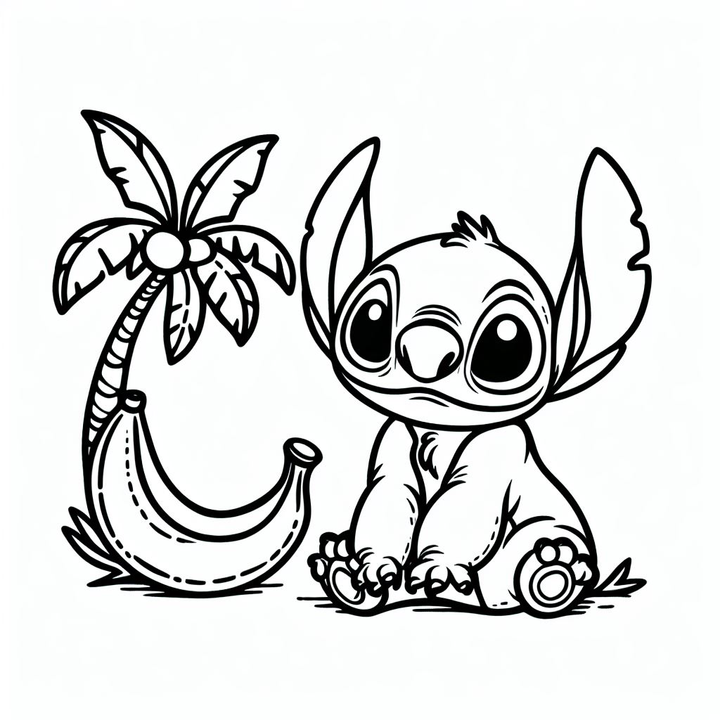 Coloriage Stitch Mignon Et Palmier Illustration Noir Et Blanc - Stitch mignon à imprimer
