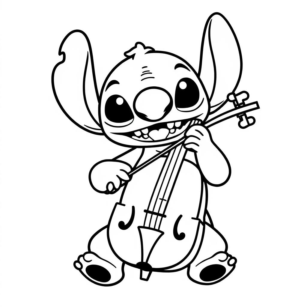 Coloriage Stitch Mignon Jouant Du Violoncelle - Stitch mignon à imprimer