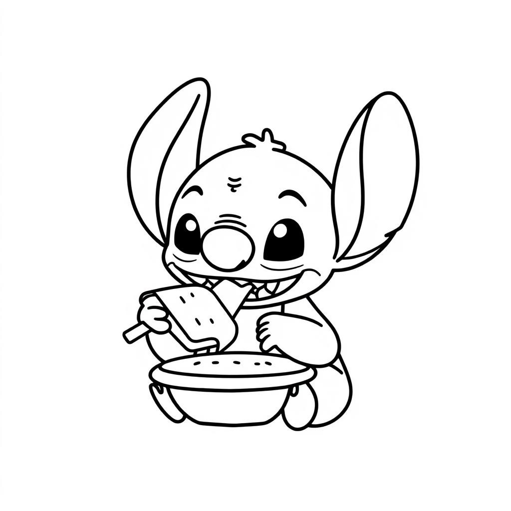 Coloriage Stitch savourant une glace savoureuse - Stitch mignon à imprimer