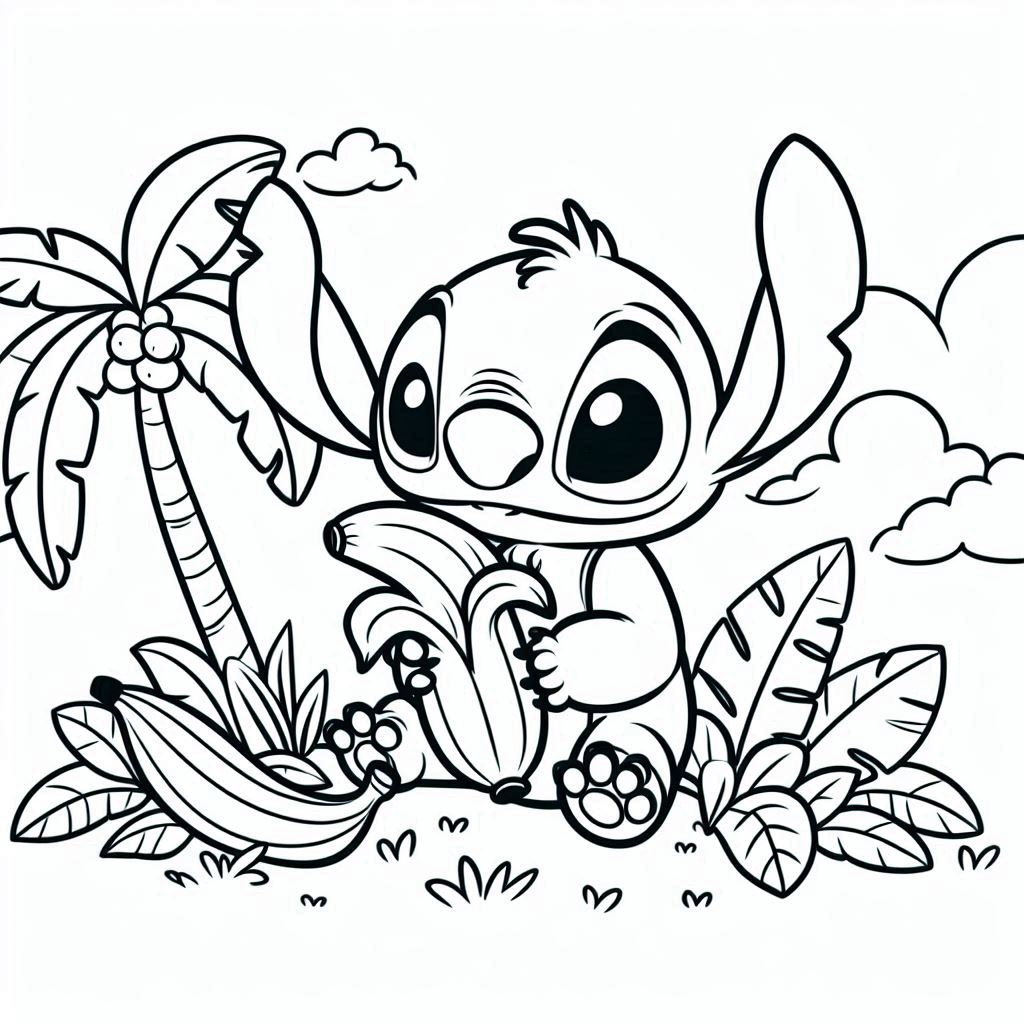 Coloriage Stitch Mignon Mangeant Une Banane Sous Un Palmier - Stitch mignon à imprimer