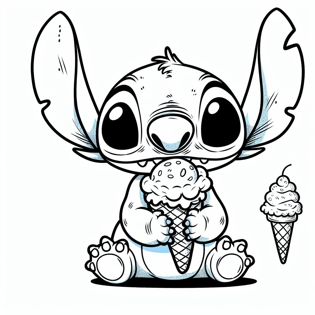 Coloriage Stitch savourant une glace gourmande - Stitch mignon à imprimer