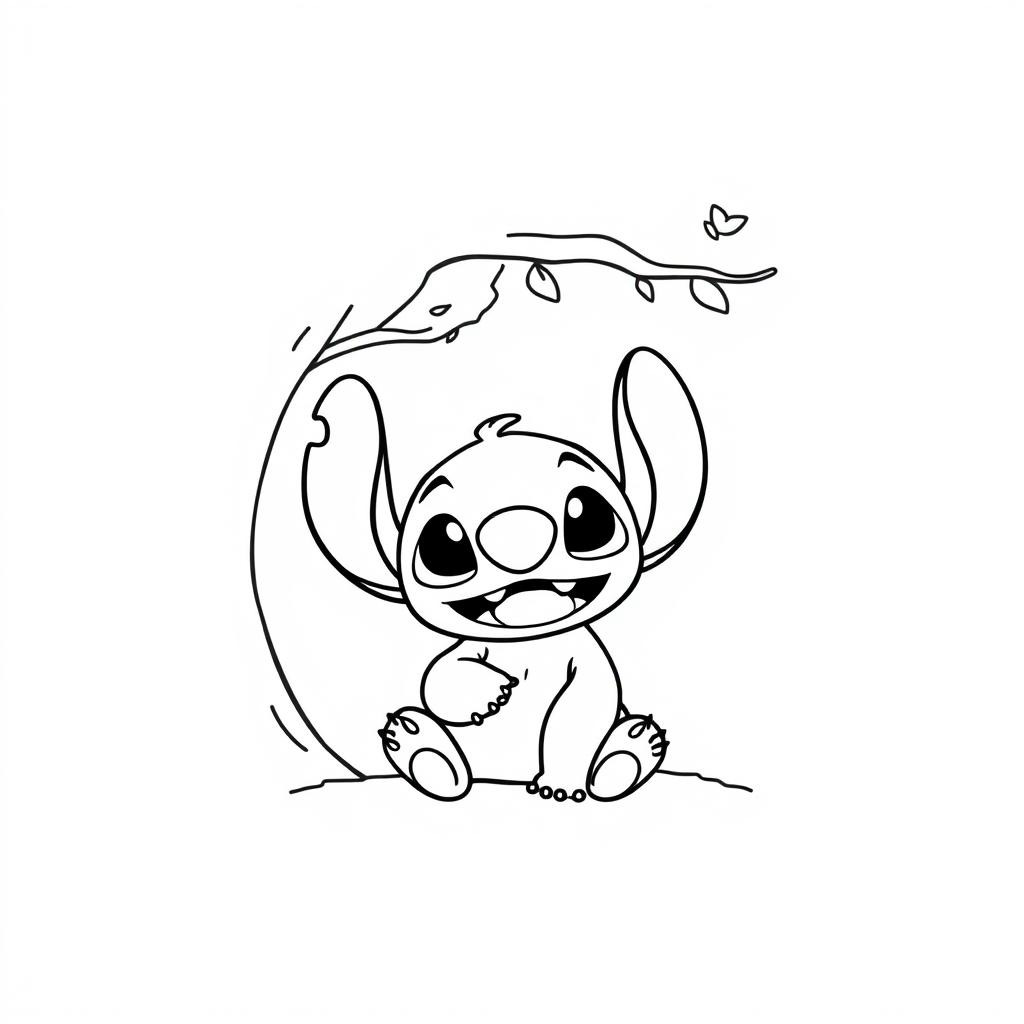 Coloriage Stitch Mignon Souriant Sous Branche Et Papillon - Stitch mignon à imprimer
