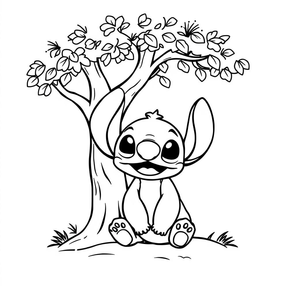 Coloriage Stitch Mignon Sous Un Arbre Fleuri - Stitch mignon à imprimer