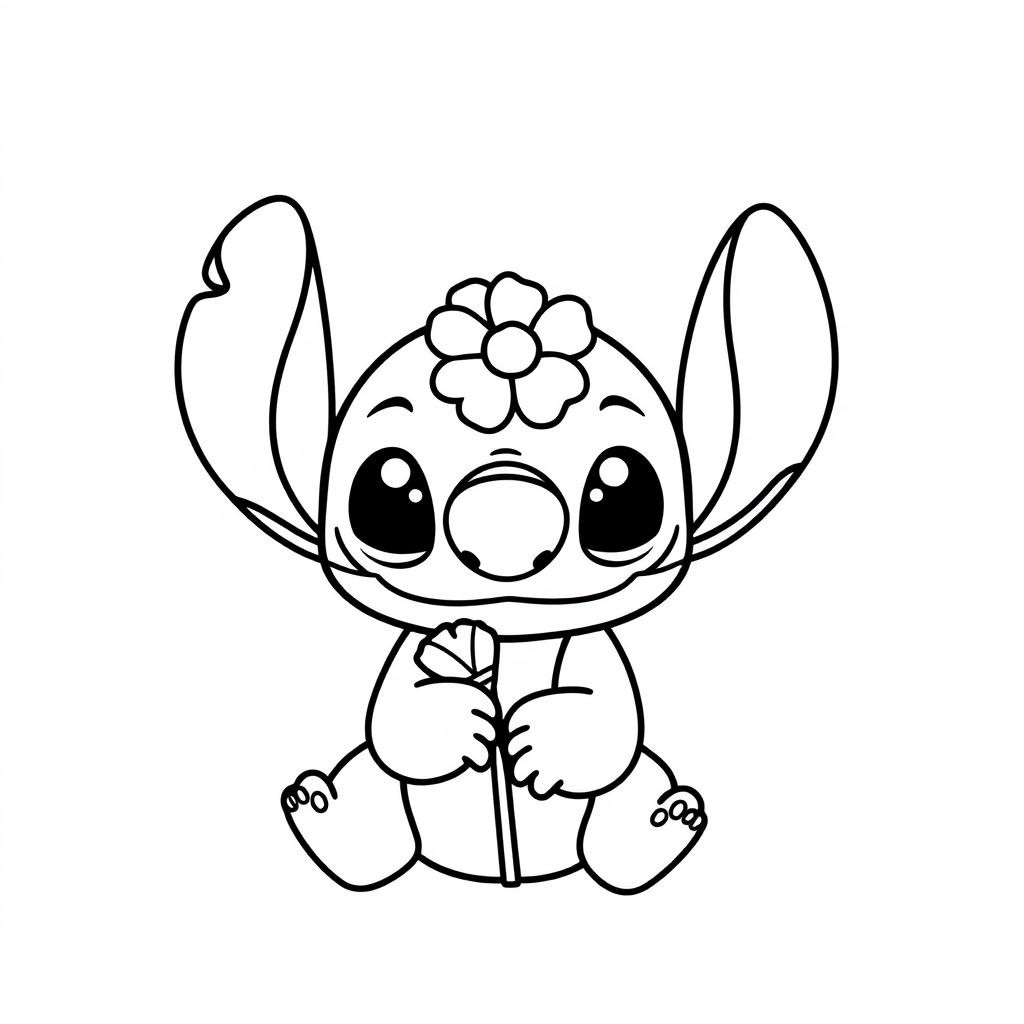 Coloriage Stitch bleu tenant une fleur colorée - Stitch mignon à imprimer
