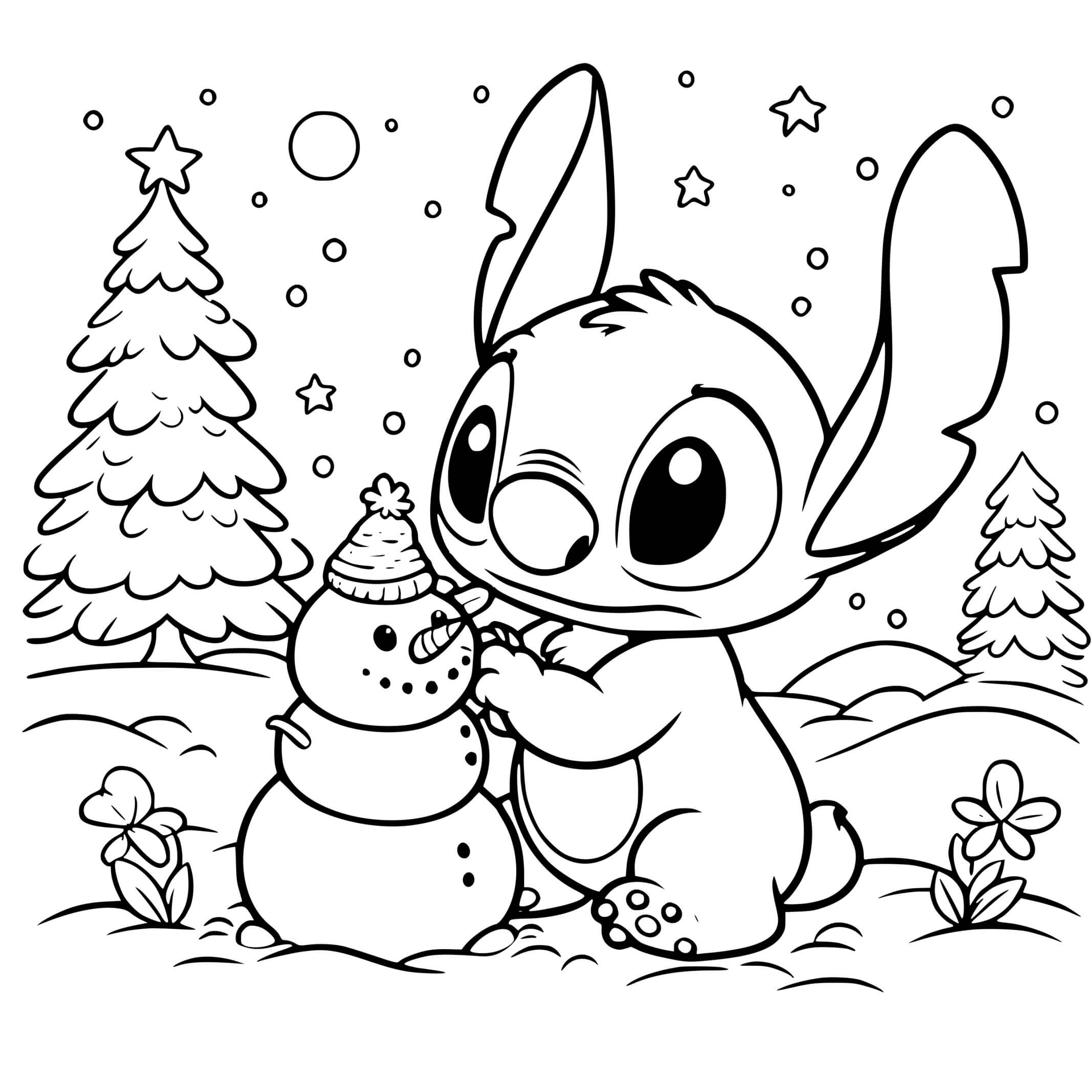 Coloriage Stitch Noël Bonhomme Neige Forêt - Stitch noel à imprimer