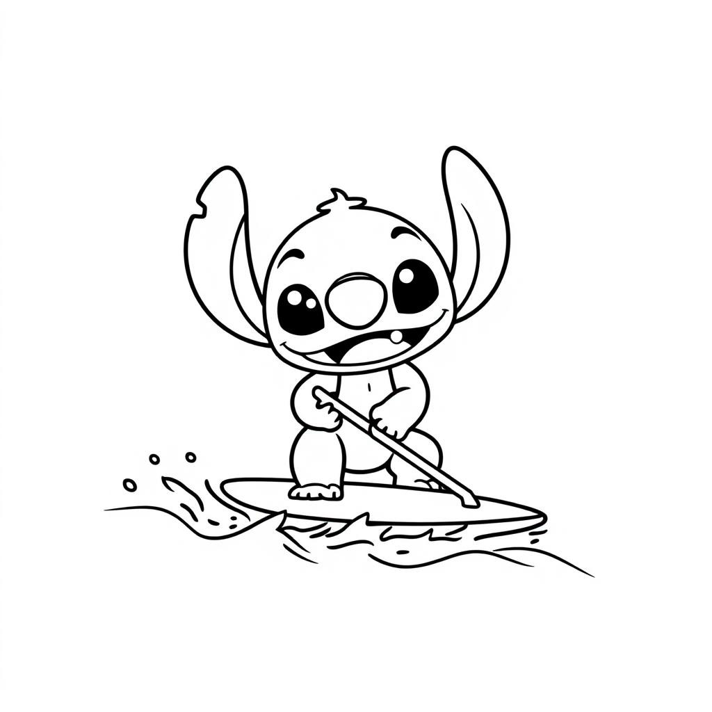 Coloriage Stitch Pagayant Sur Une Planche - Stitch mignon à imprimer