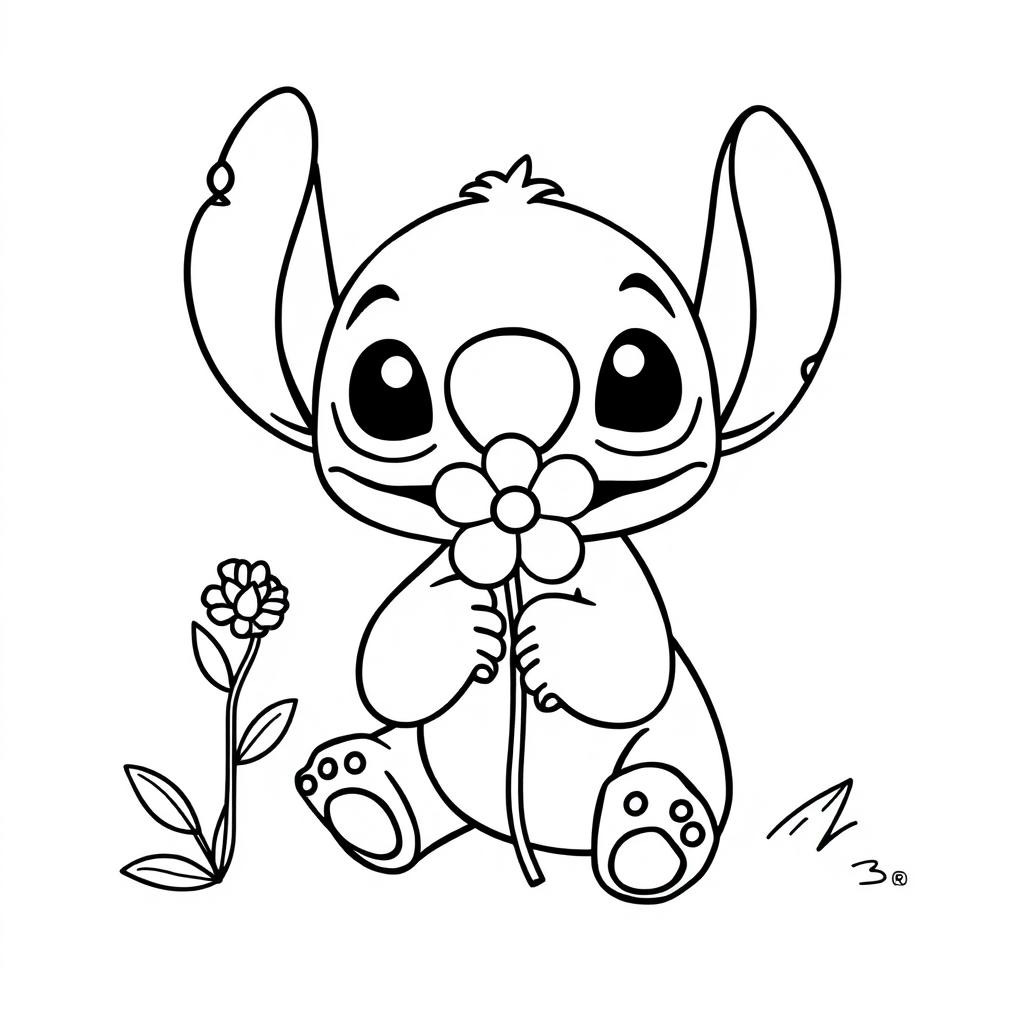 Coloriage Stitch Sentant Fleur - Stitch mignon à imprimer