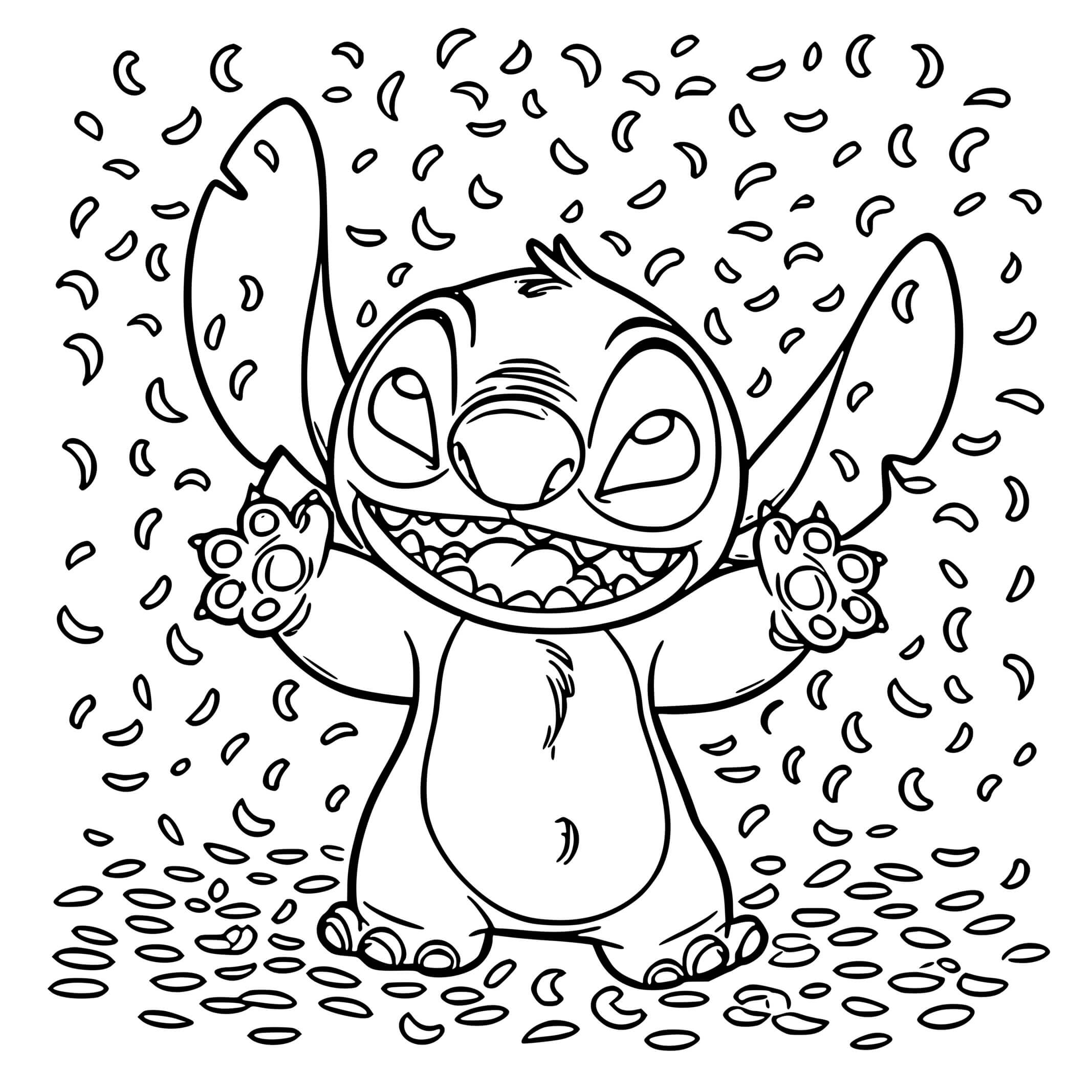 Coloriage Stitch Souriant Sous Une Pluie De Confettis - Stitch anniversaire à imprimer