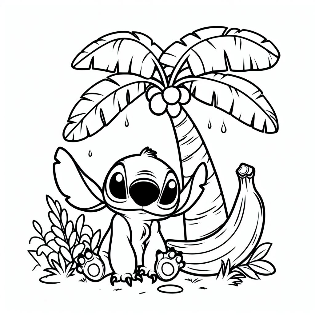 Coloriage Stitch Sous Un Palmier Avec Des Noix De Coco - Stitch facile à imprimer
