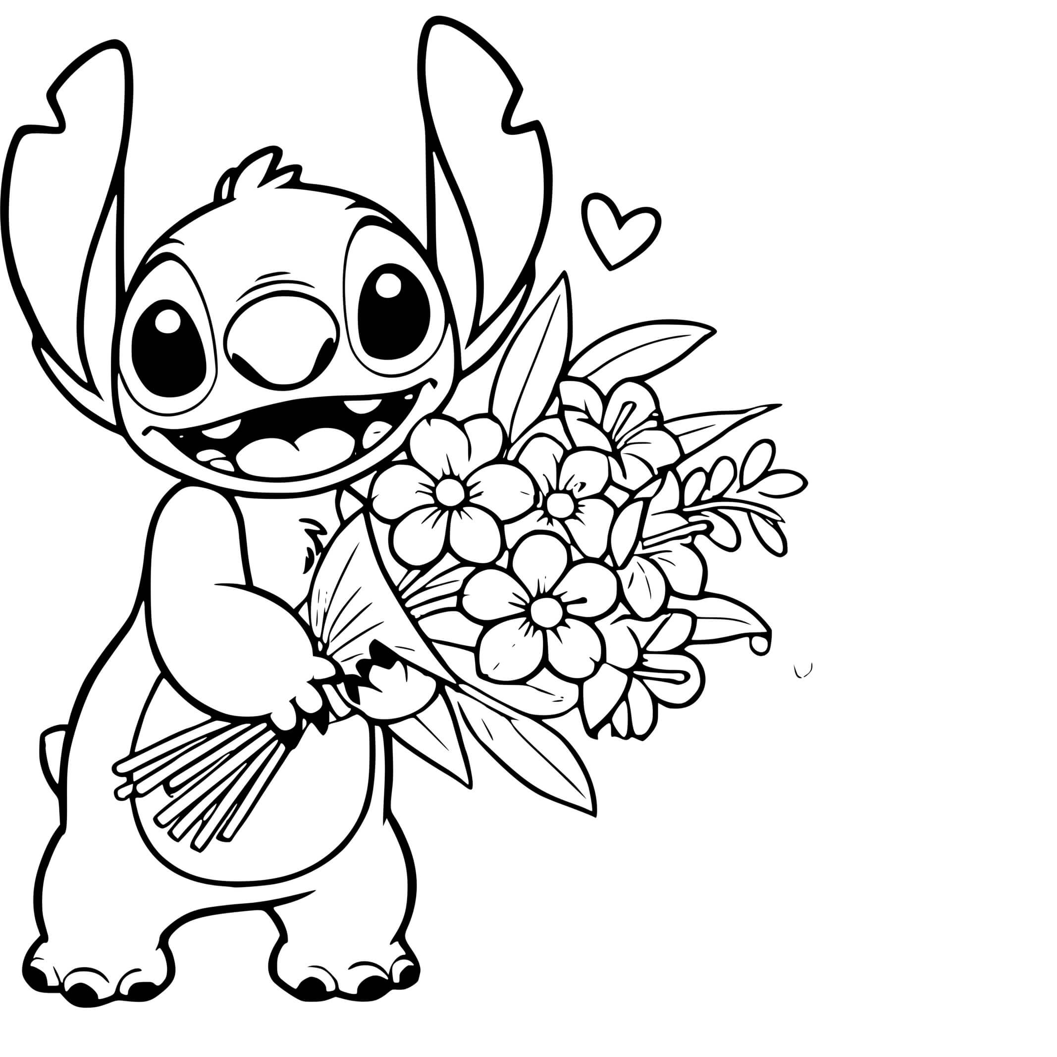 Coloriage Stitch Tenant Un Bouquet De Fleurs - Stitch anniversaire à imprimer