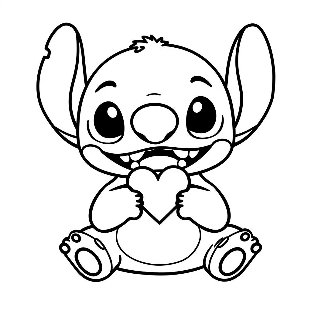 Coloriage Stitch Tenant Un Cœur - Stitch mignon à imprimer