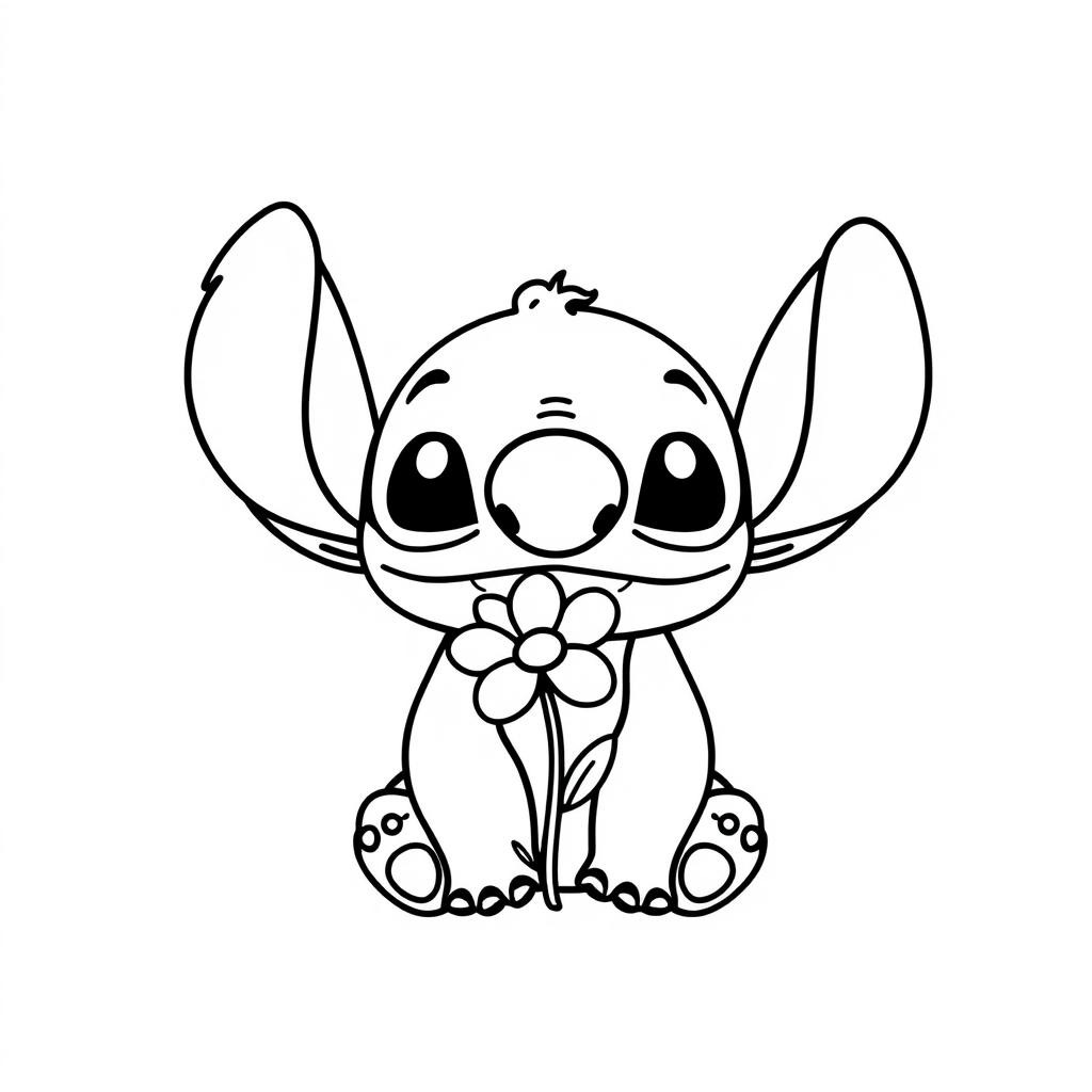 Coloriage Stitch Tenant Une Fleur 1 Facile - Stitch facile à imprimer
