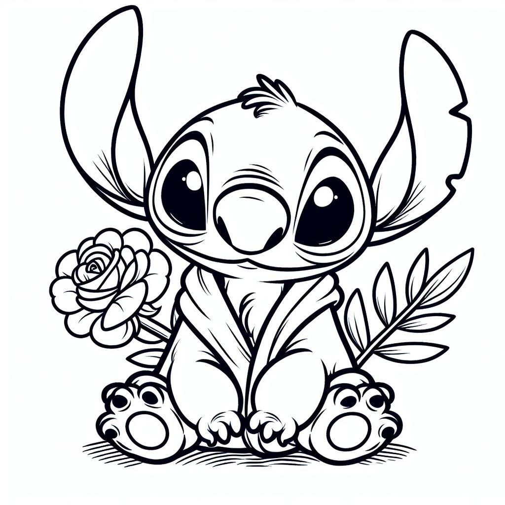 Coloriage Stitch Tenant Une Rose - Stitch facile à imprimer