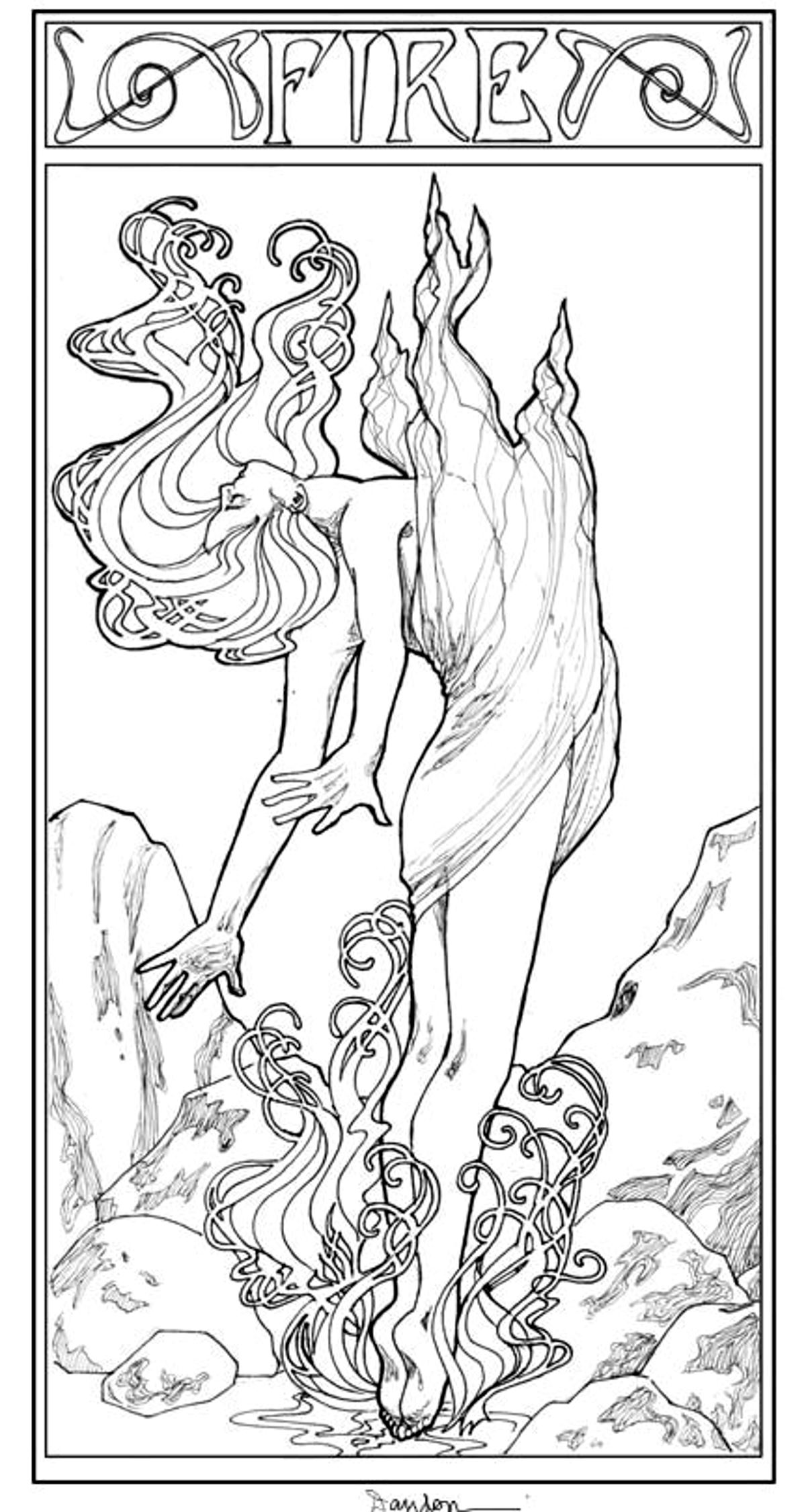 Coloriage Style Art Nouveau Femme Feu - Art à imprimer