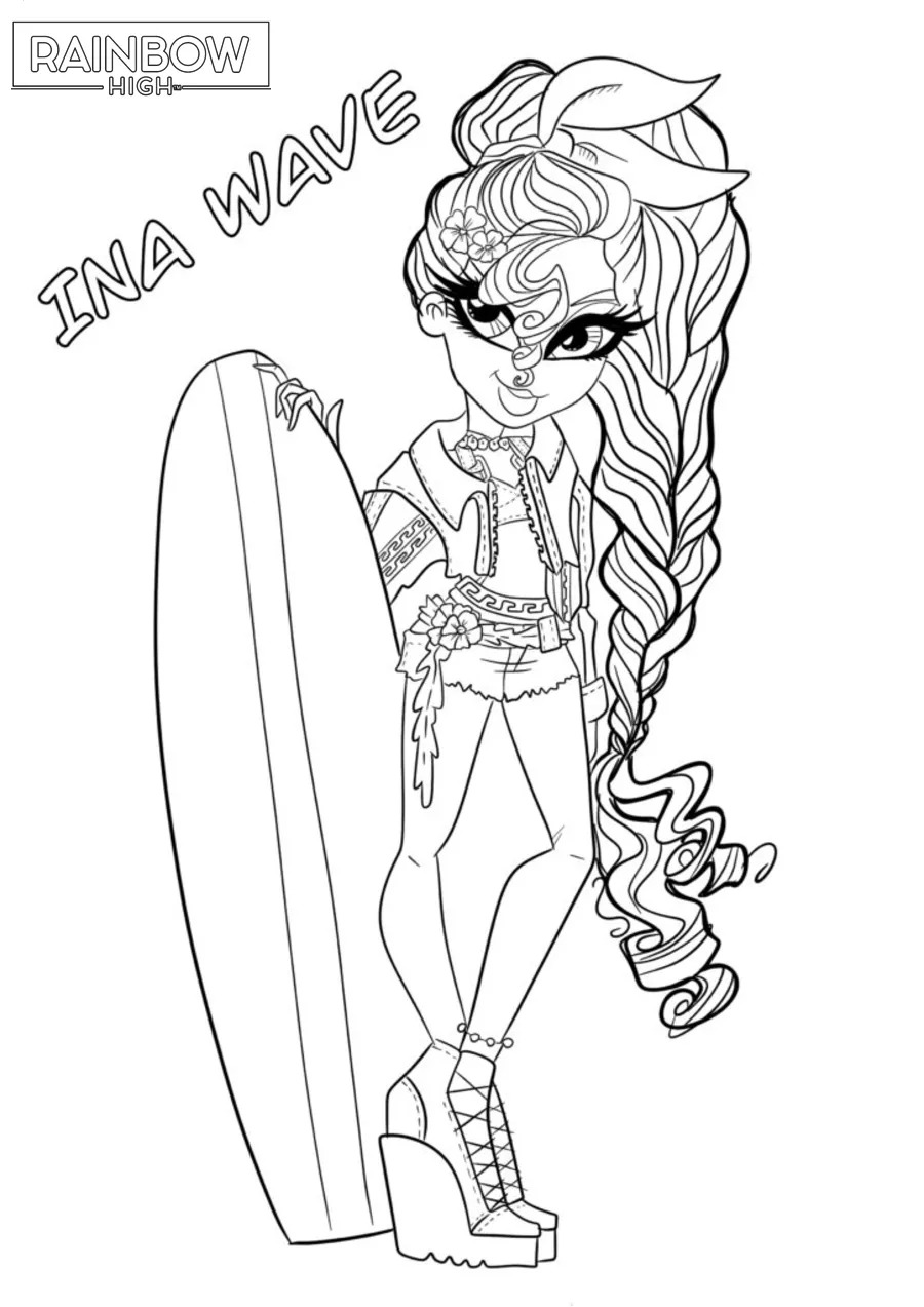 Coloriage Surfeuse Stylee De Rainbow High Ina Wave - Rainbow high à imprimer