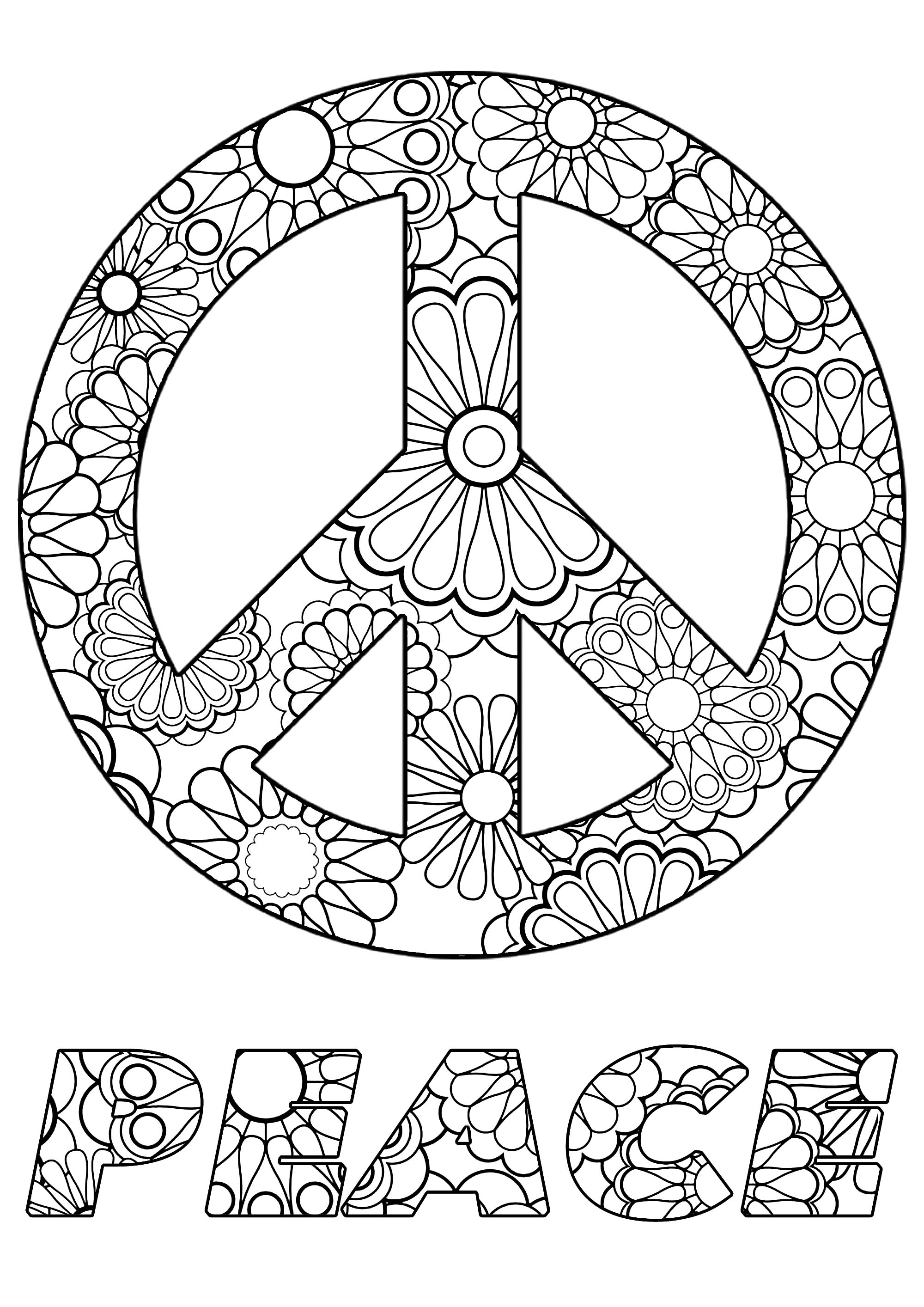 Coloriage Symbole Paix Et Fleurs Peace - Janvier à imprimer