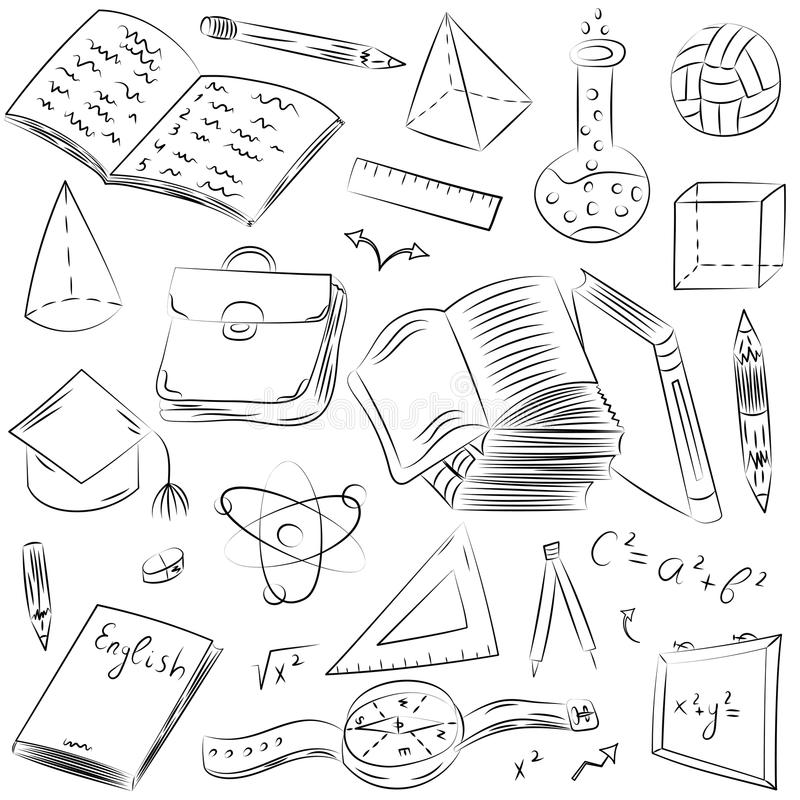 Coloriage Symboles Tires Par La Main D'École Dessins D'Enfants De Boule Livres Pensils Regles Flacon Boussole Flèches - École à imprimer