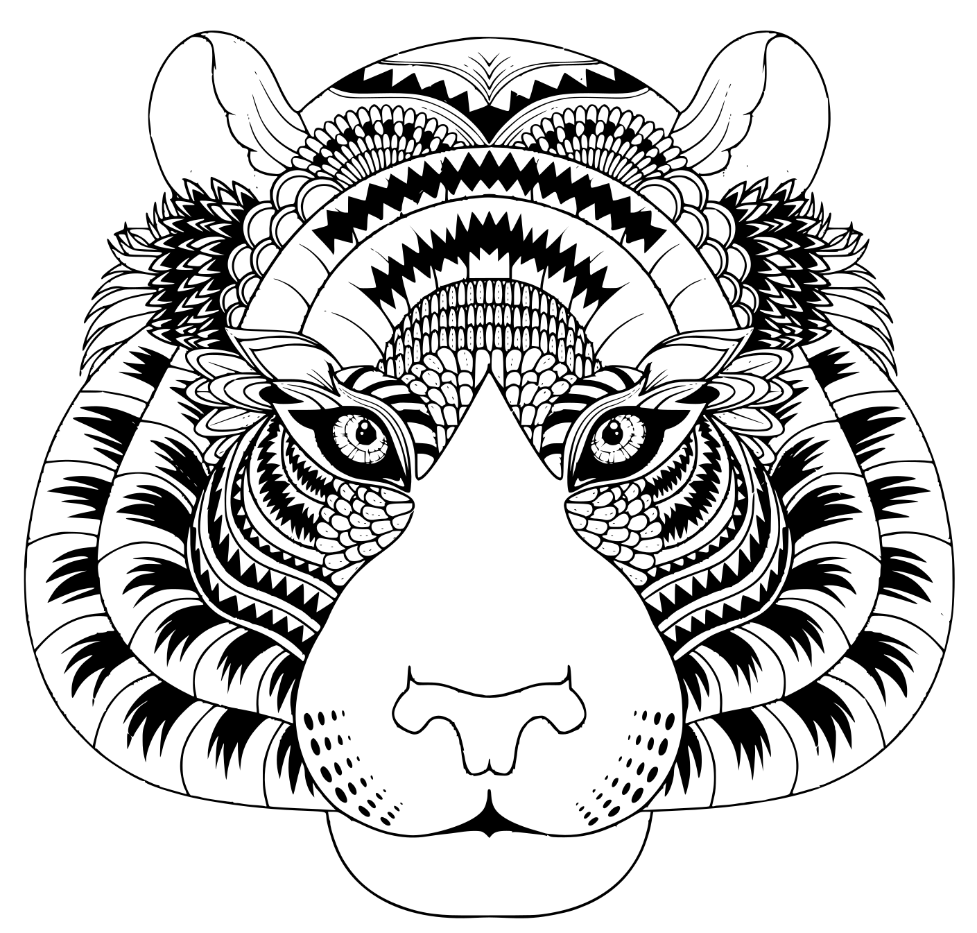 Coloriage Tête De Tigre Avec Details Zentangle - Animaux de la jungle à imprimer