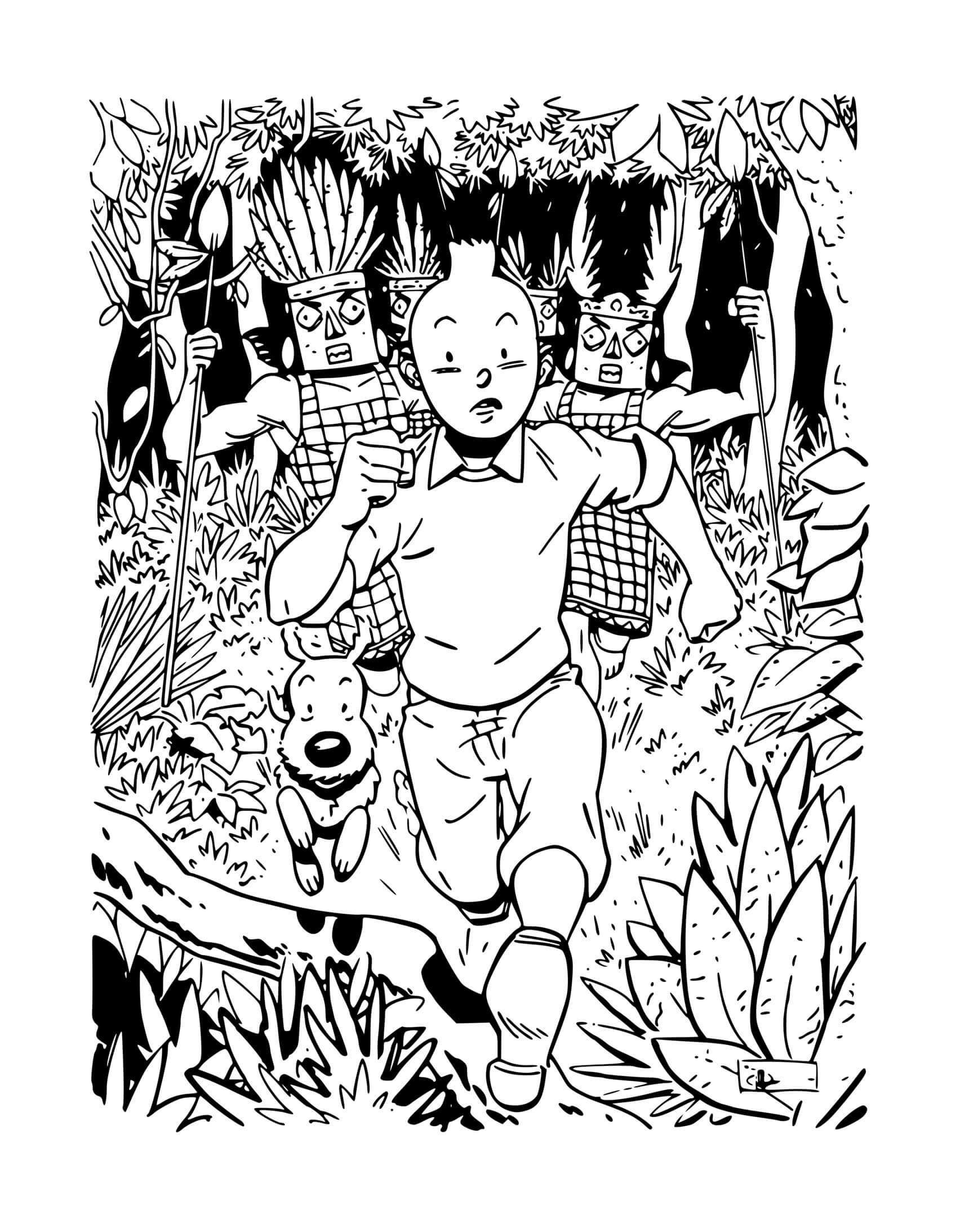 Coloriage Tintin Milou Fuient Les Indiens - Tintin à imprimer