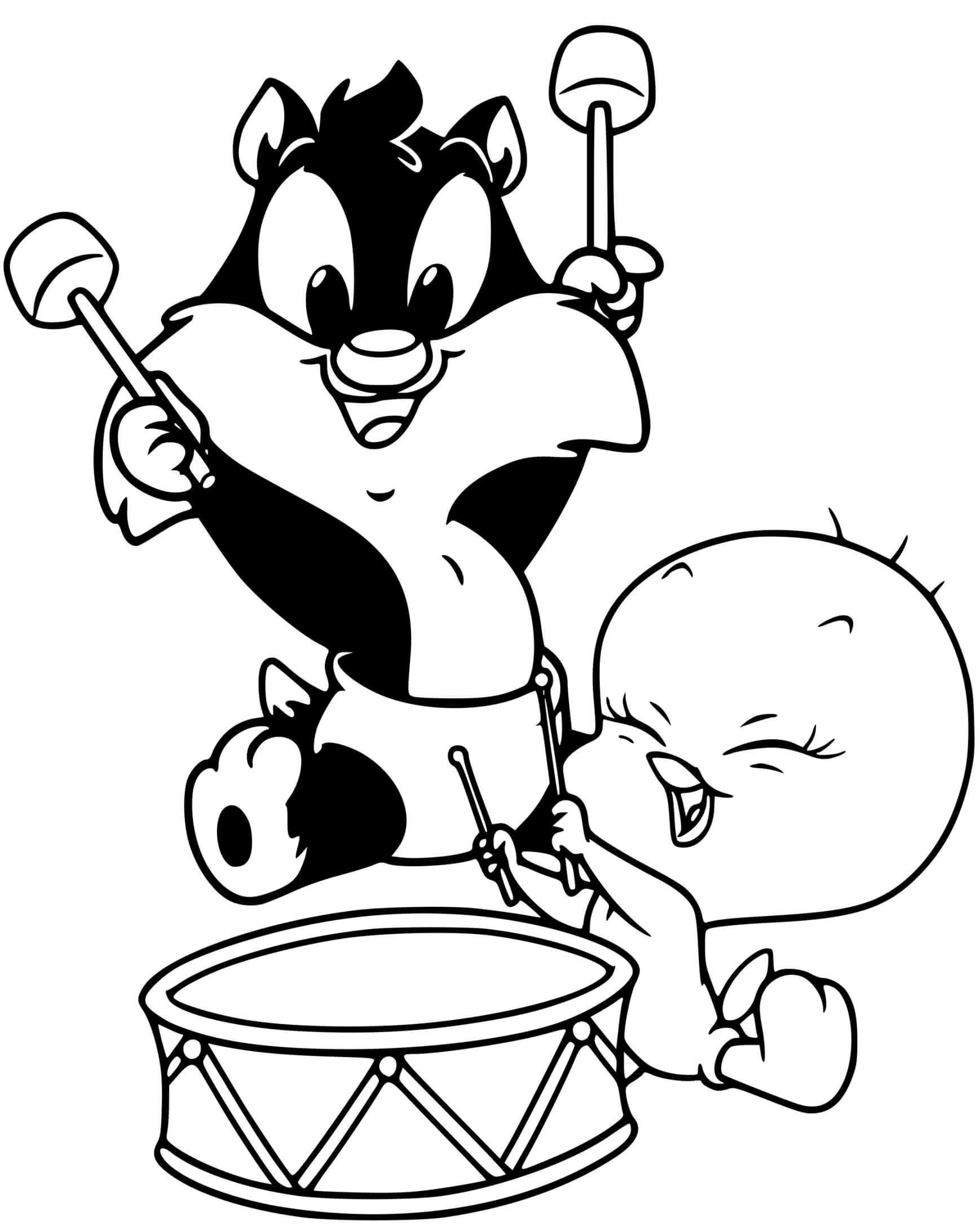 Coloriage Titi Et Grosminet Jouent De La Musique - Titi à imprimer