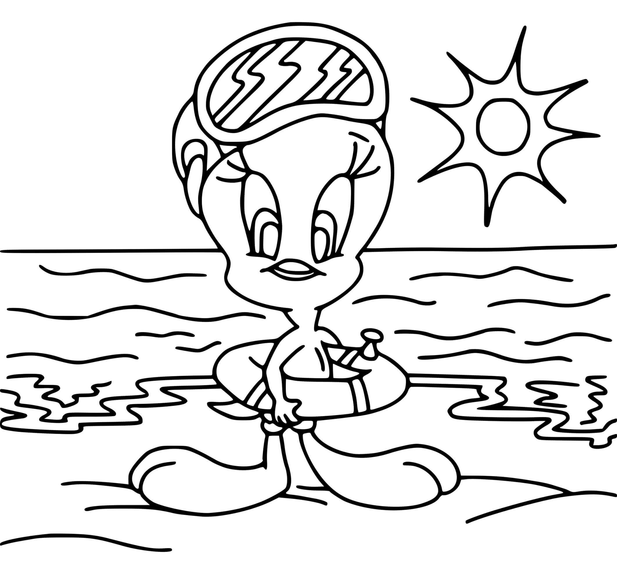 Coloriage Titi Looney Tunes A La Plage En Vacance - Titi à imprimer