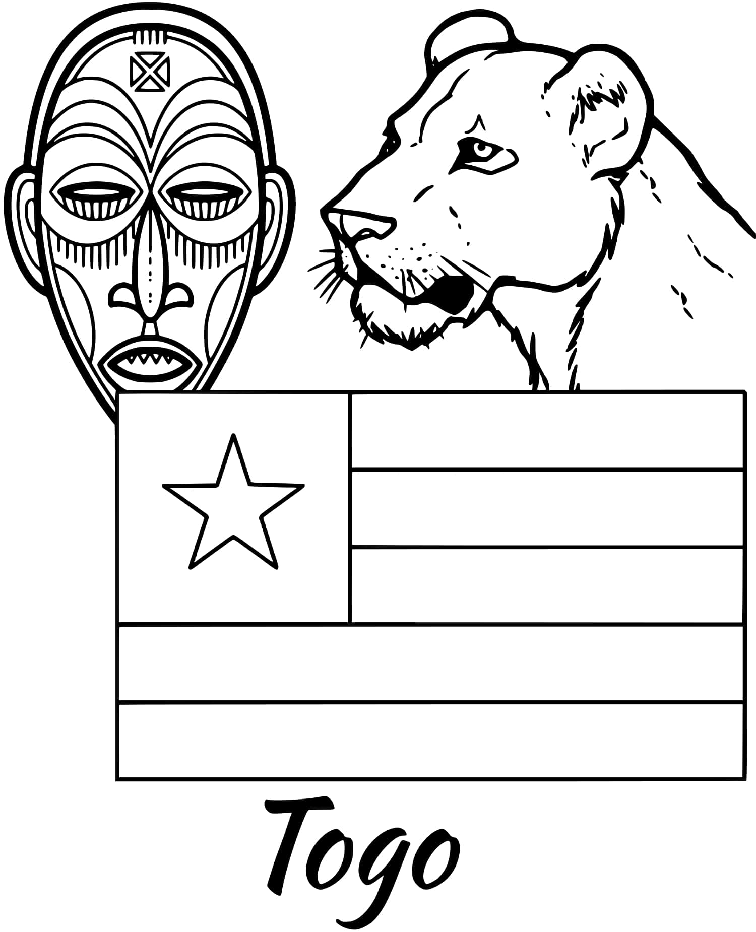 Coloriage Togo Drapeau Tribal Mask - Drapeau à imprimer