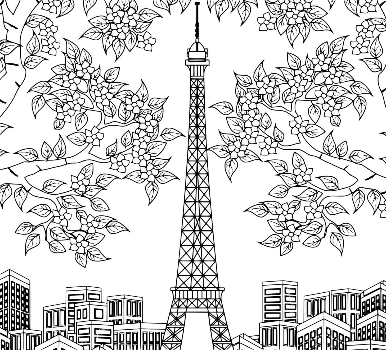 Coloriage Tour Eiffel Arbres Fleurs Batiments De Paris - Tour Eiffel à imprimer