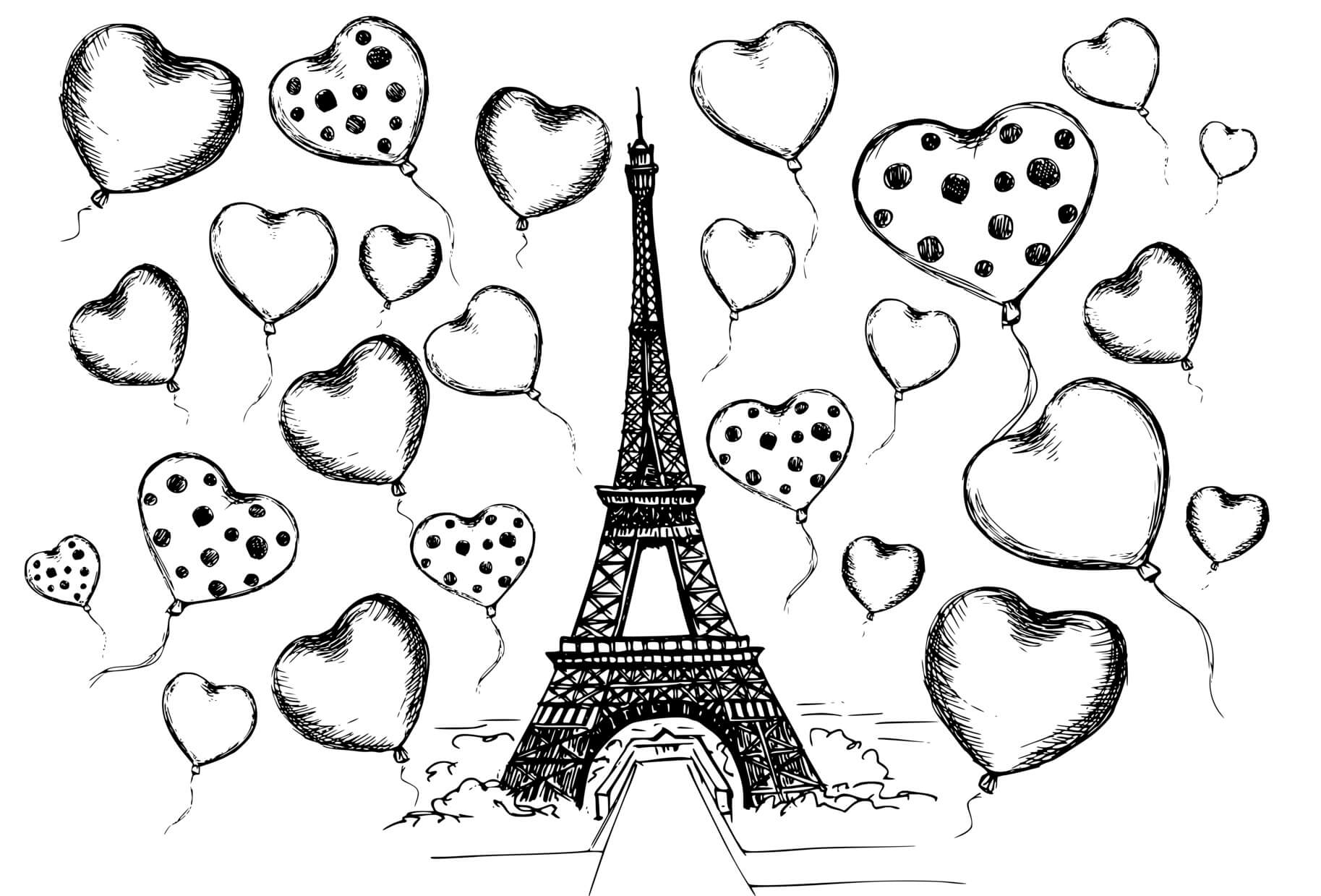 Coloriage Tour Eiffel Et Plein De Cœurs - Tour Eiffel à imprimer