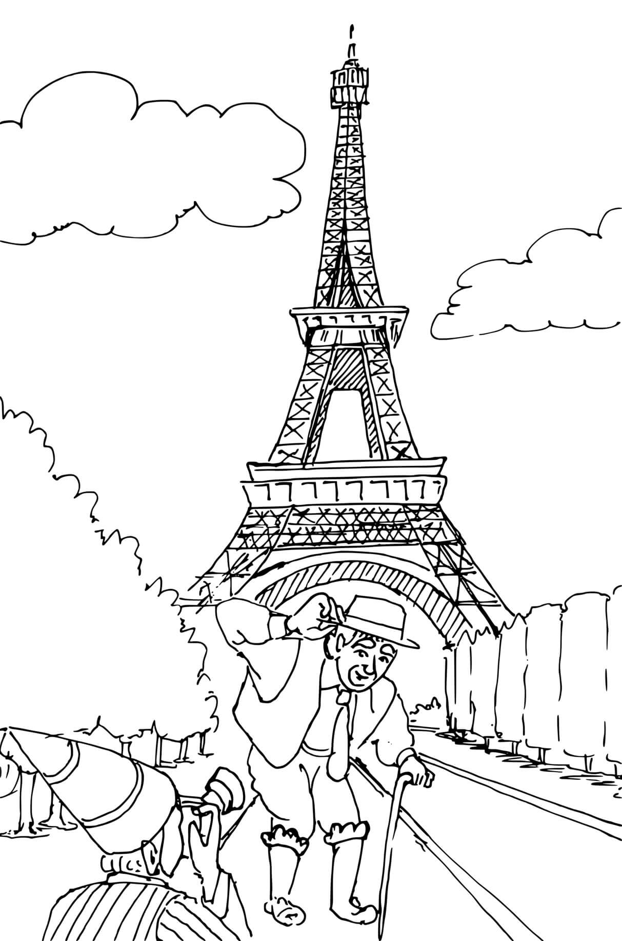 Coloriage Touriste Devant La Tour Eiffel - Tour Eiffel à imprimer