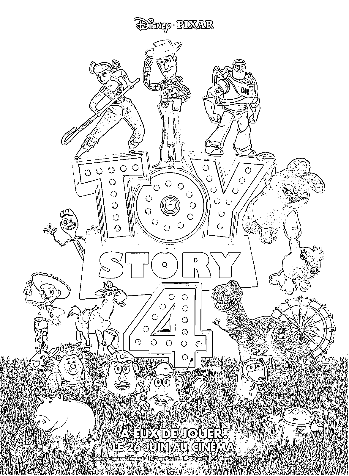 Coloriage Affiche Toy Story 4 avec tous les héros - Toy story à imprimer