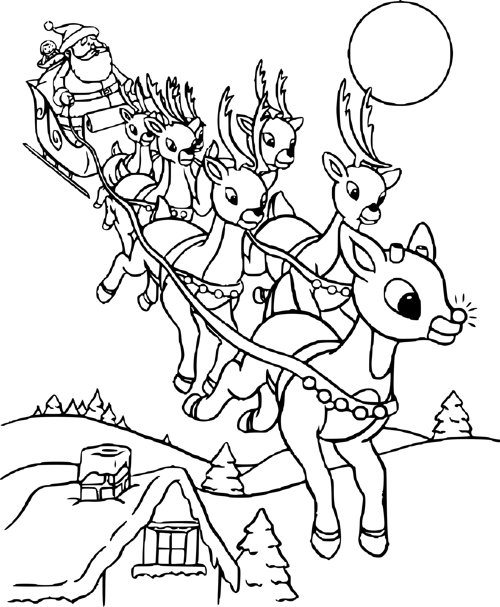 Coloriage Traîneau Du Père Noël Tire Par Huit Rennes - Renne de Noël à imprimer