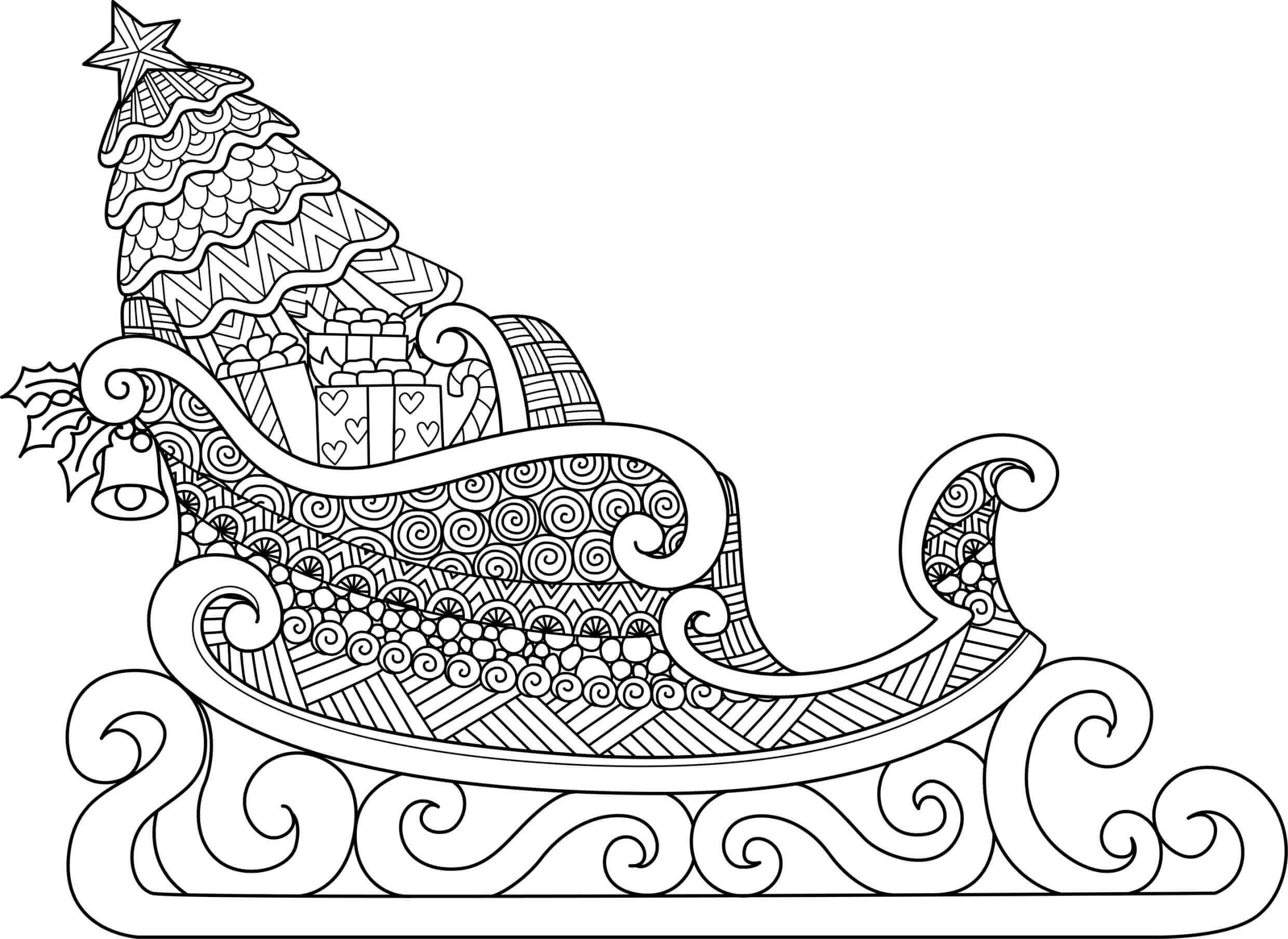 Coloriage Traîneau Du Père Noël Avec Cadeaux Et Sapin Mandala Adulte - Mandala de Noël à imprimer