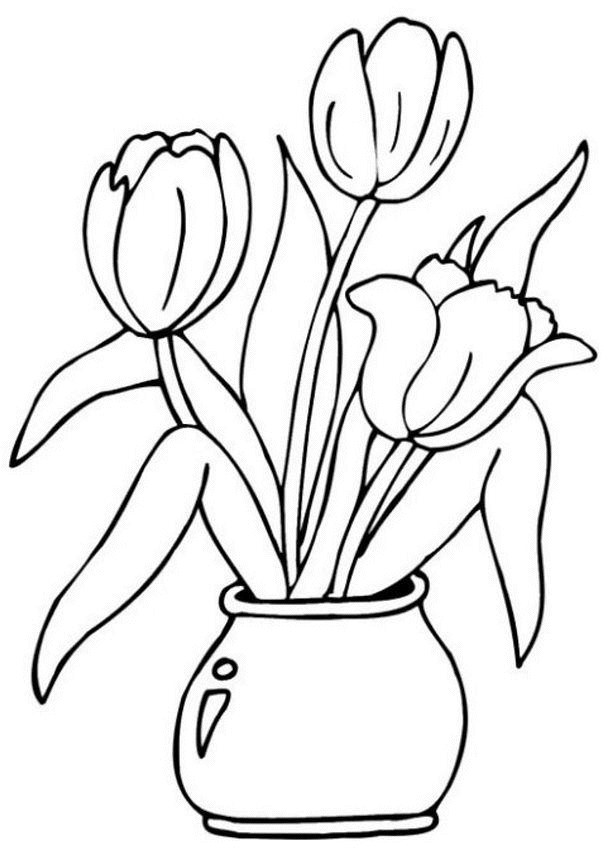 Coloriage Trois Tulipes Dans Un Vase - Fleurs à imprimer