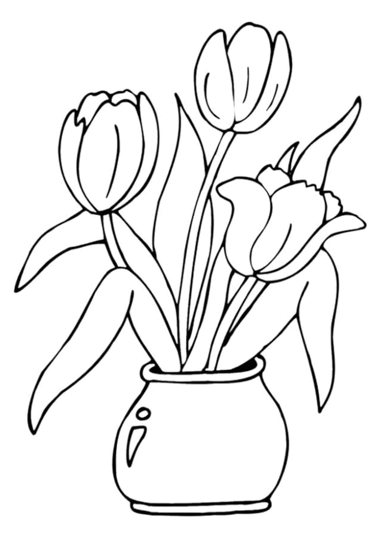 Coloriage Tulipe élégante dans un vase fleuri - Tulipe à imprimer