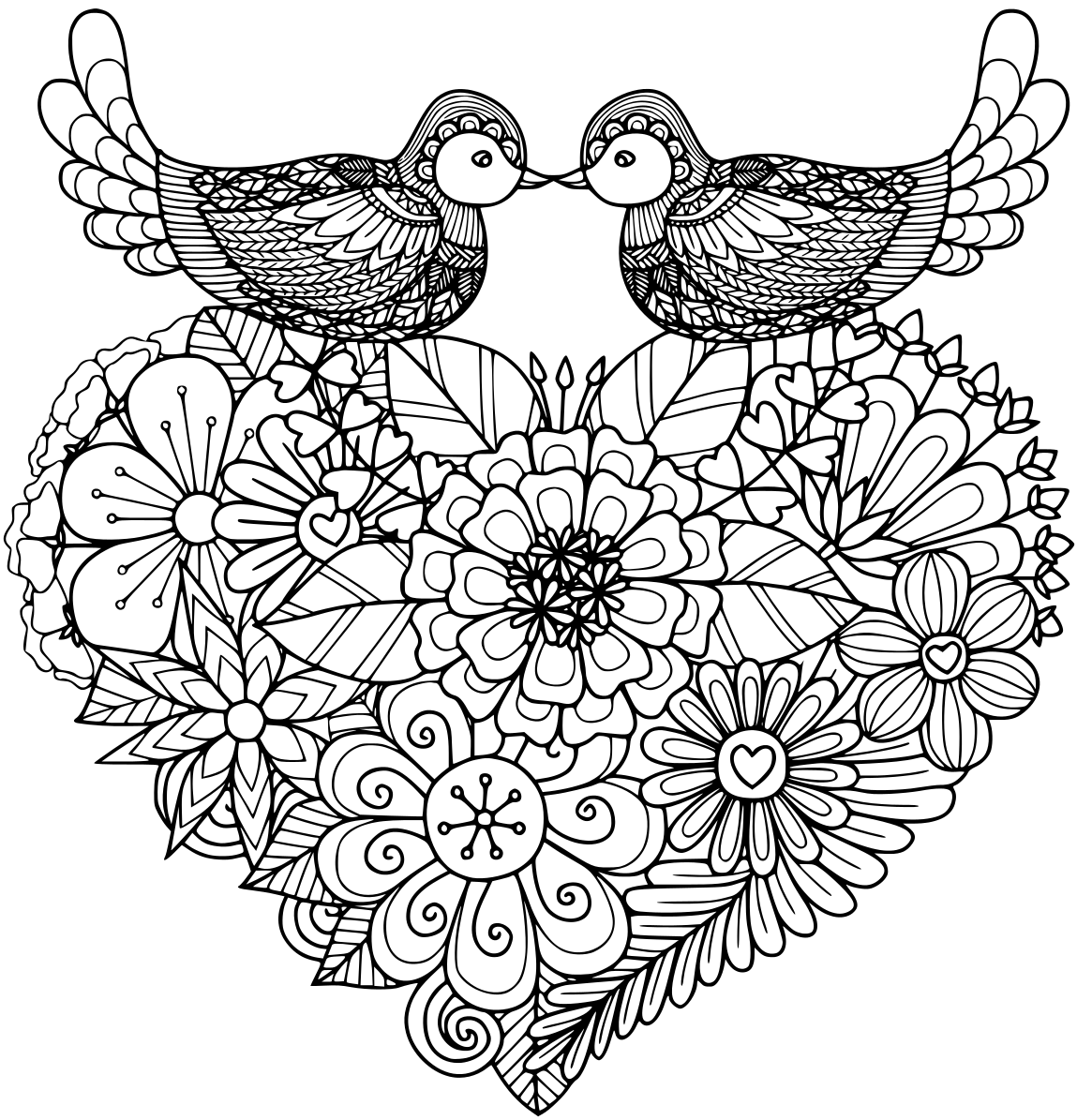 Coloriage Two Birds Kissing Above Floral - Saint-Valentin à imprimer
