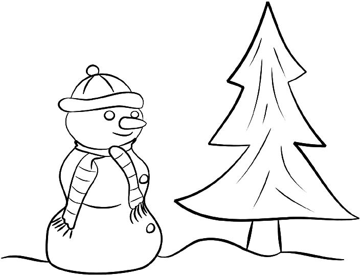 Coloriage Un Bonhomme De Neige Cote D'Un Sapin - Sapin Noël à imprimer